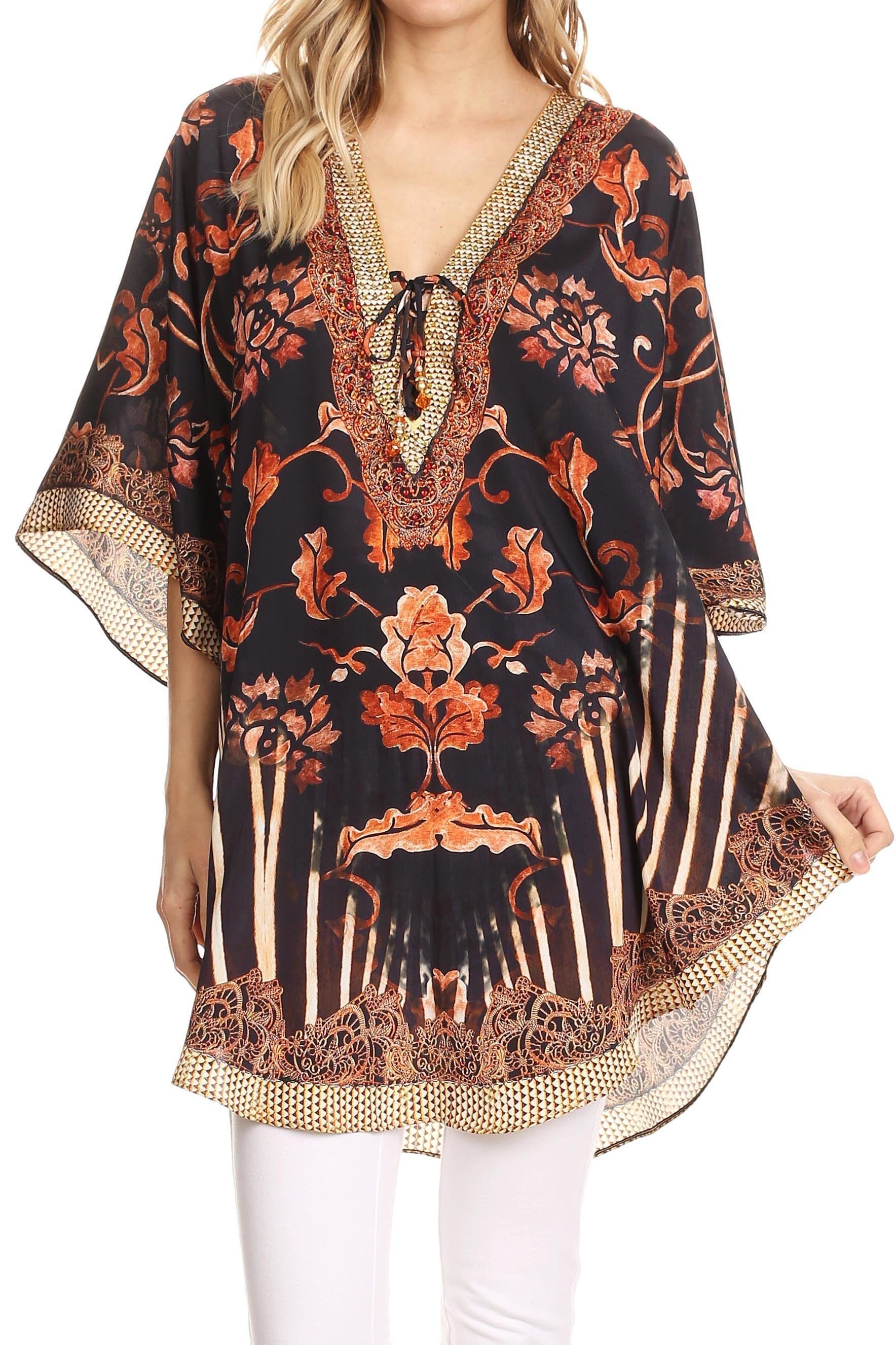 Sakkas Tallulah Wide Circle Blouse V Neck Top With Tassle Ties And Rhinestones - Concordia Style Boutique
