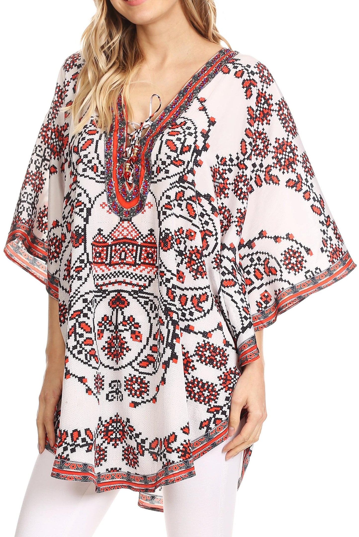 Sakkas Tallulah Wide Circle Blouse V Neck Top With Tassle Ties And Rhinestones - Concordia Style Boutique