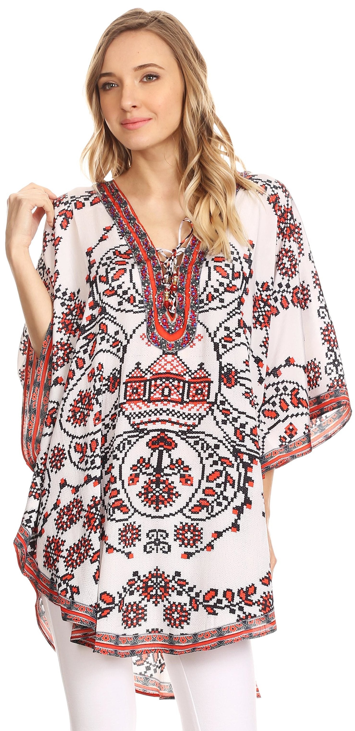 Sakkas Tallulah Wide Circle Blouse V Neck Top With Tassle Ties And Rhinestones - Concordia Style Boutique