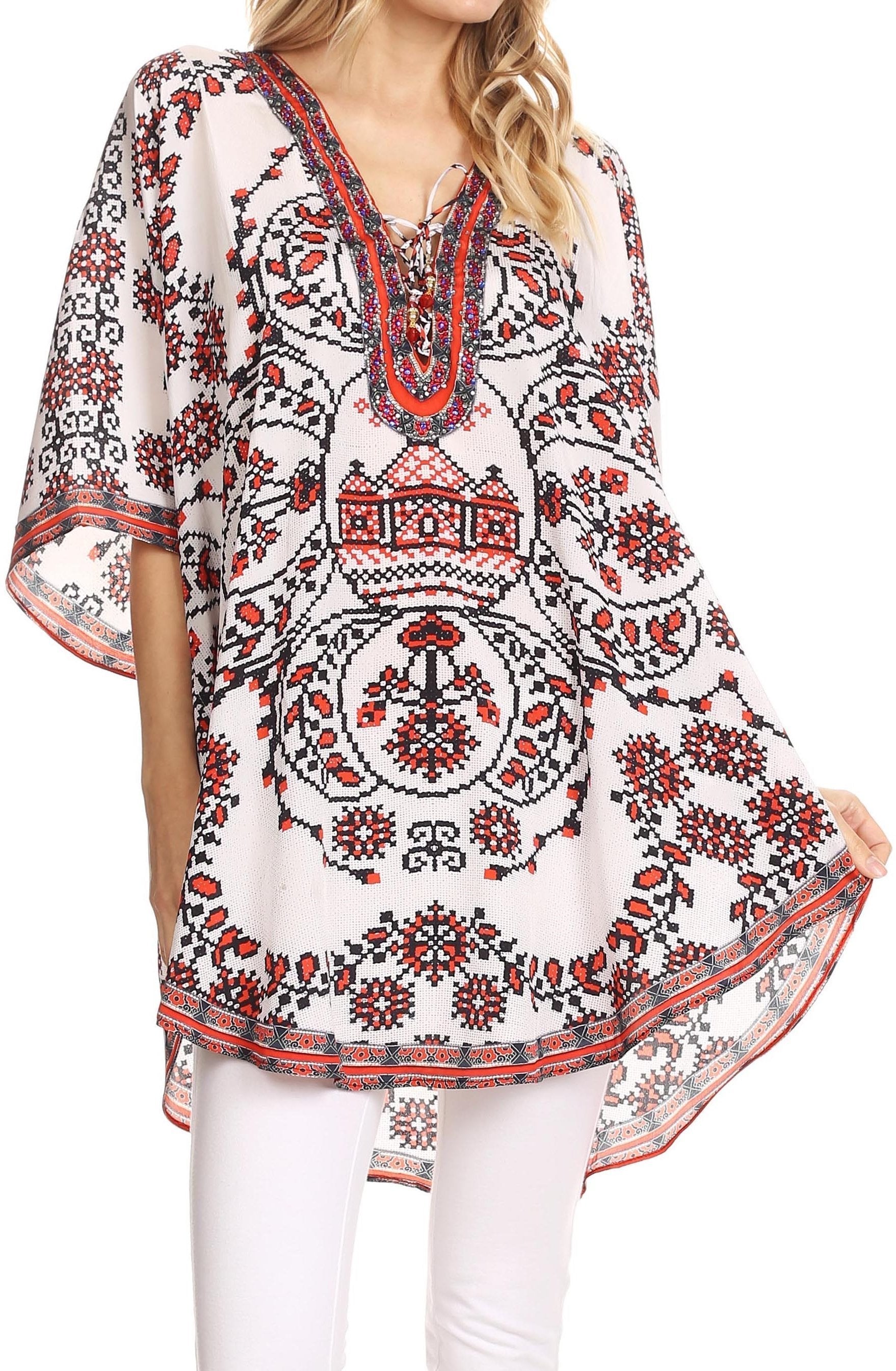 Sakkas Tallulah Wide Circle Blouse V Neck Top With Tassle Ties And Rhinestones - Concordia Style Boutique