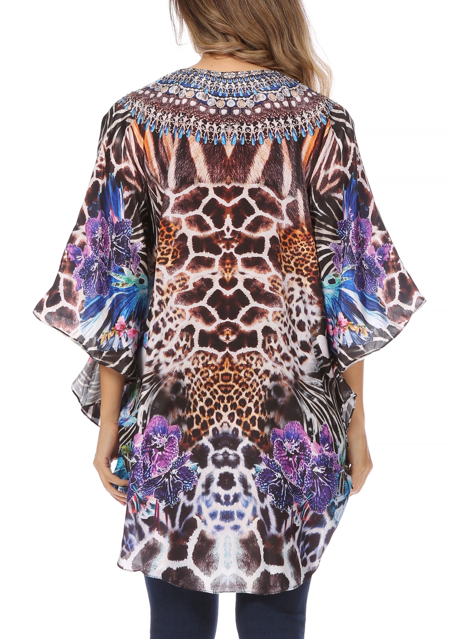 Sakkas Tallulah Wide Circle Blouse V Neck Top With Tassle Ties And Rhinestones - Concordia Style Boutique