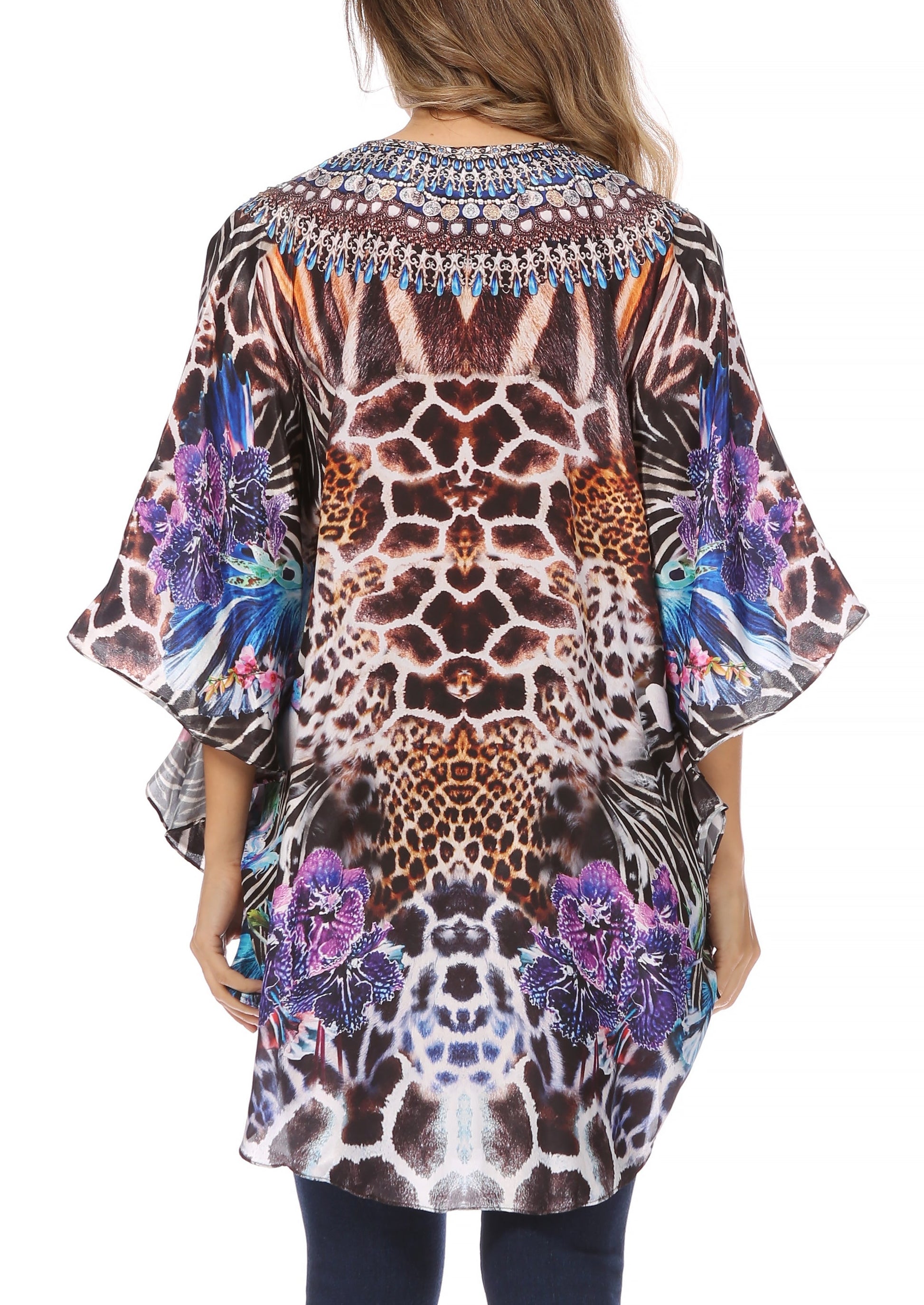 Sakkas Tallulah Wide Circle Blouse V Neck Top With Tassle Ties And Rhinestones - Concordia Style Boutique