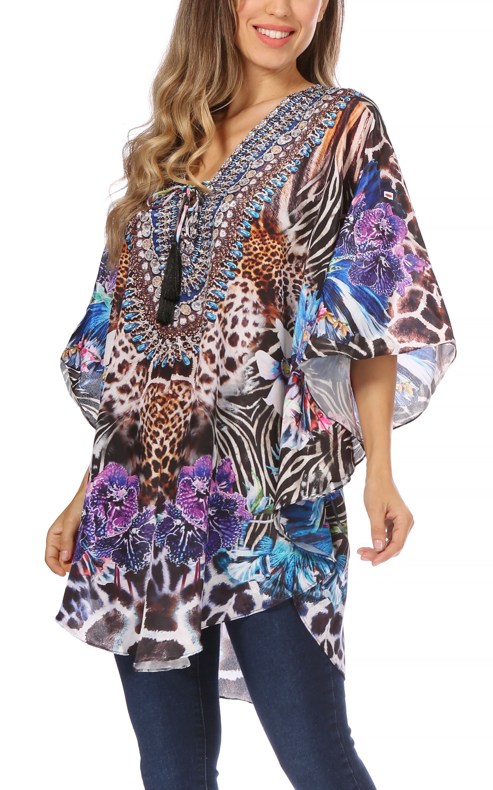 Sakkas Tallulah Wide Circle Blouse V Neck Top With Tassle Ties And Rhinestones - Concordia Style Boutique
