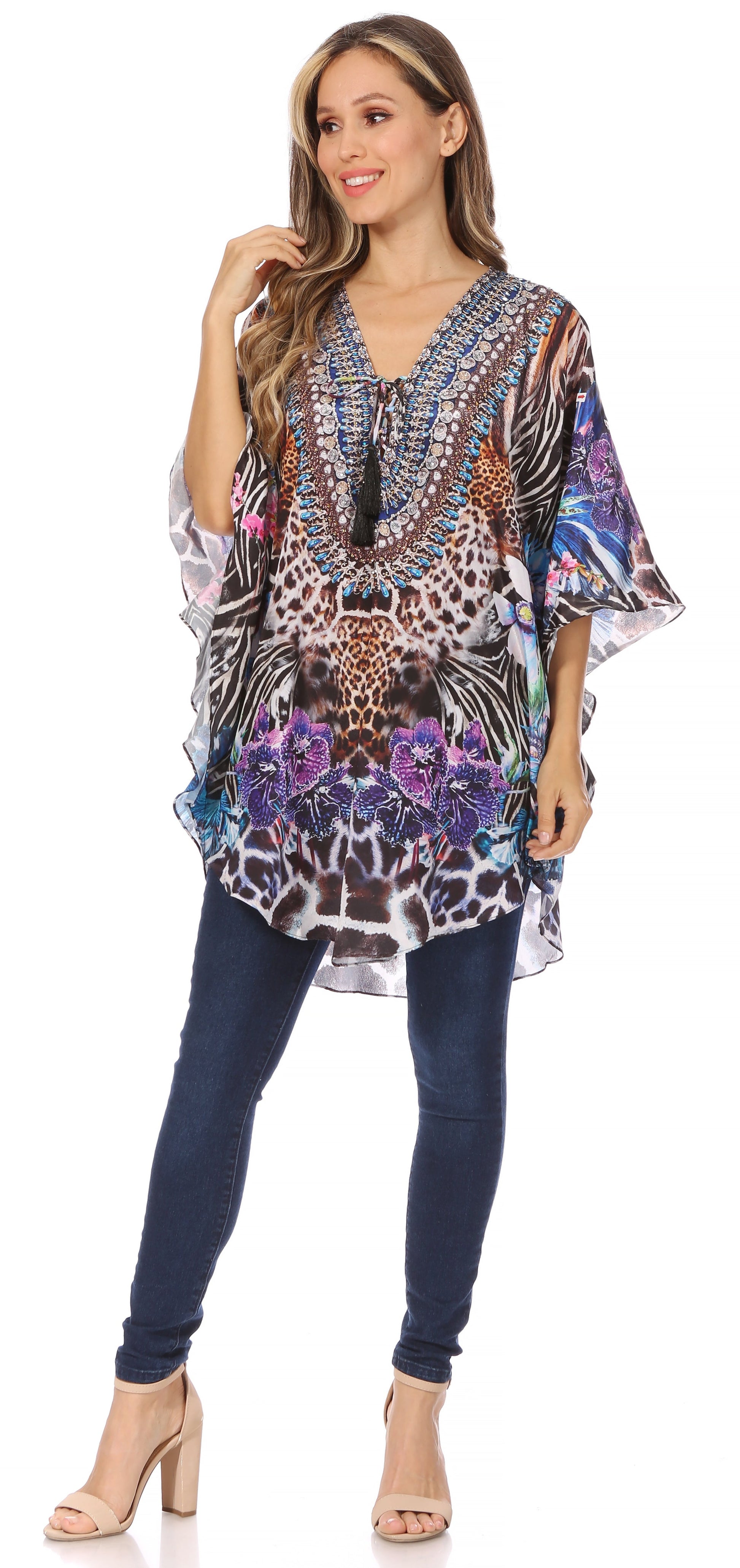 Sakkas Tallulah Wide Circle Blouse V Neck Top With Tassle Ties And Rhinestones - Concordia Style Boutique