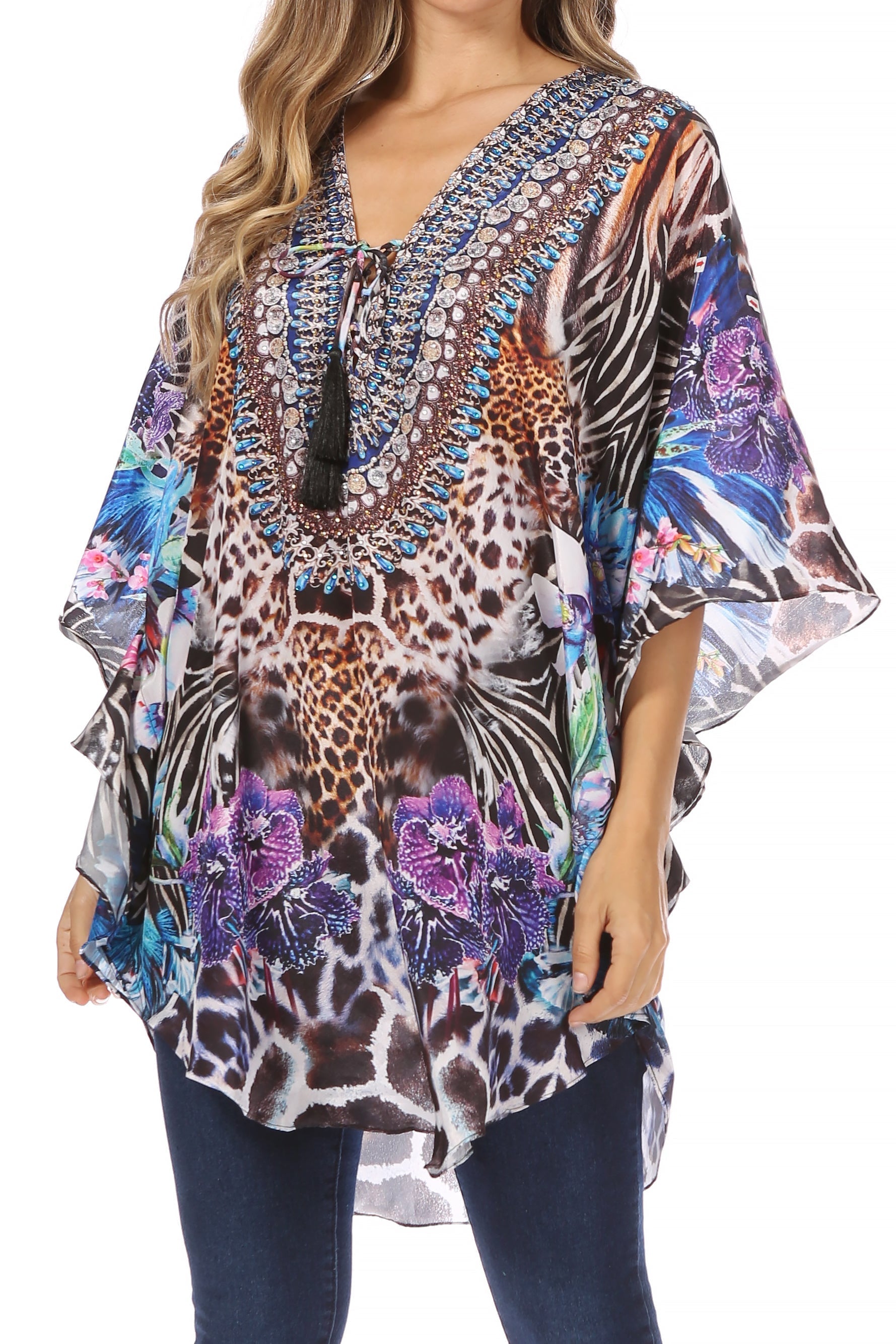 Sakkas Tallulah Wide Circle Blouse V Neck Top With Tassle Ties And Rhinestones - Concordia Style Boutique