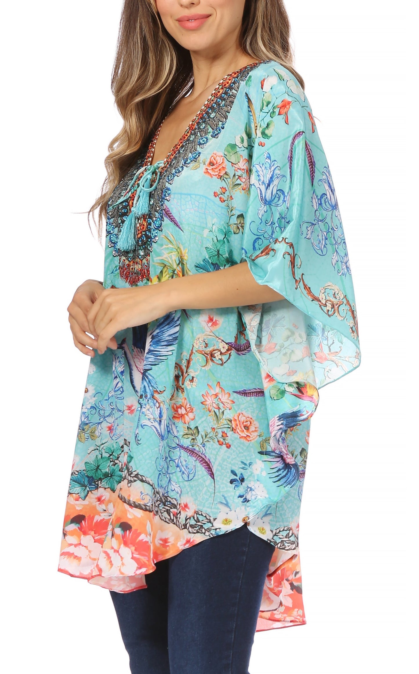 Sakkas Tallulah Wide Circle Blouse V Neck Top With Tassle Ties And Rhinestones - Concordia Style Boutique