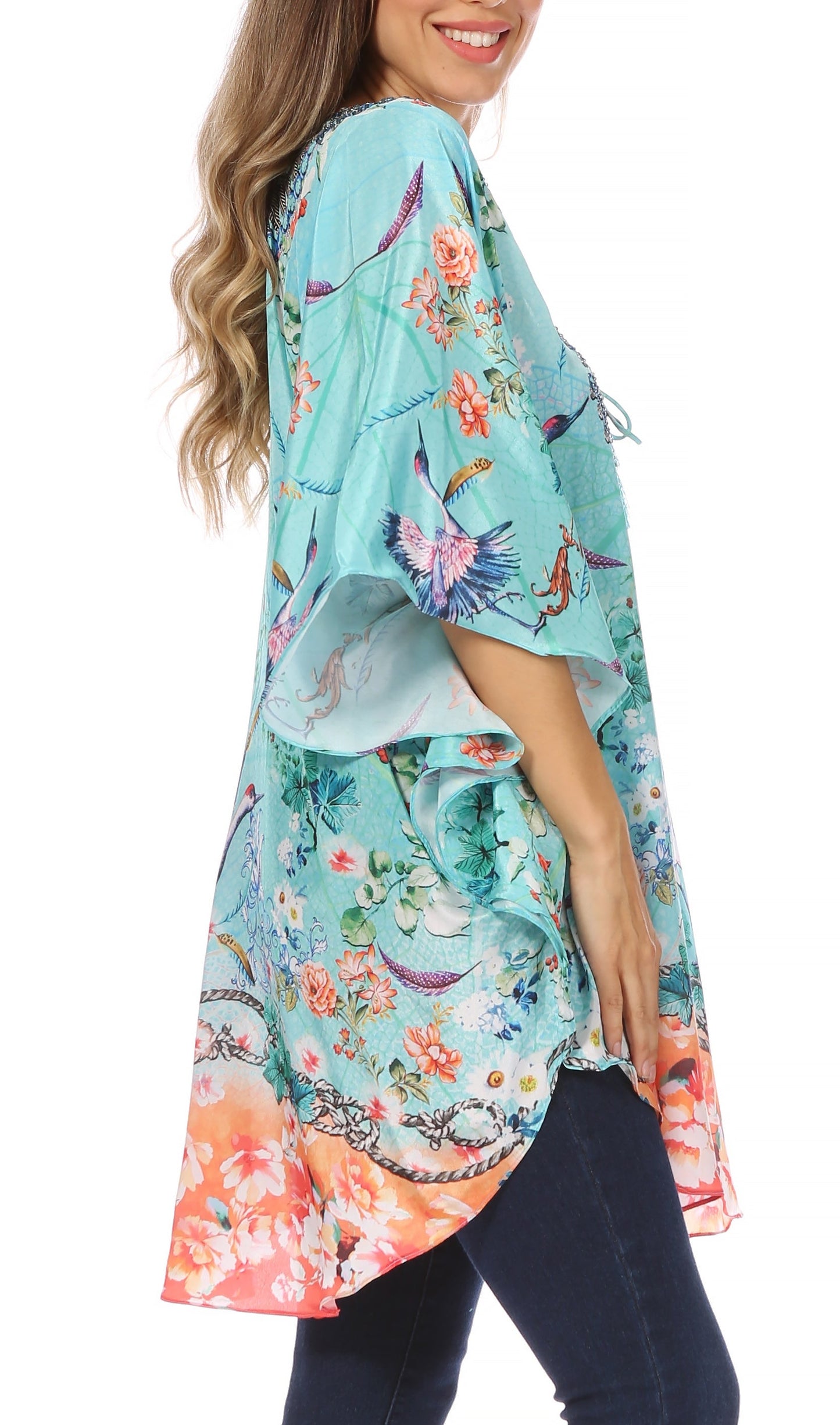 Sakkas Tallulah Wide Circle Blouse V Neck Top With Tassle Ties And Rhinestones - Concordia Style Boutique