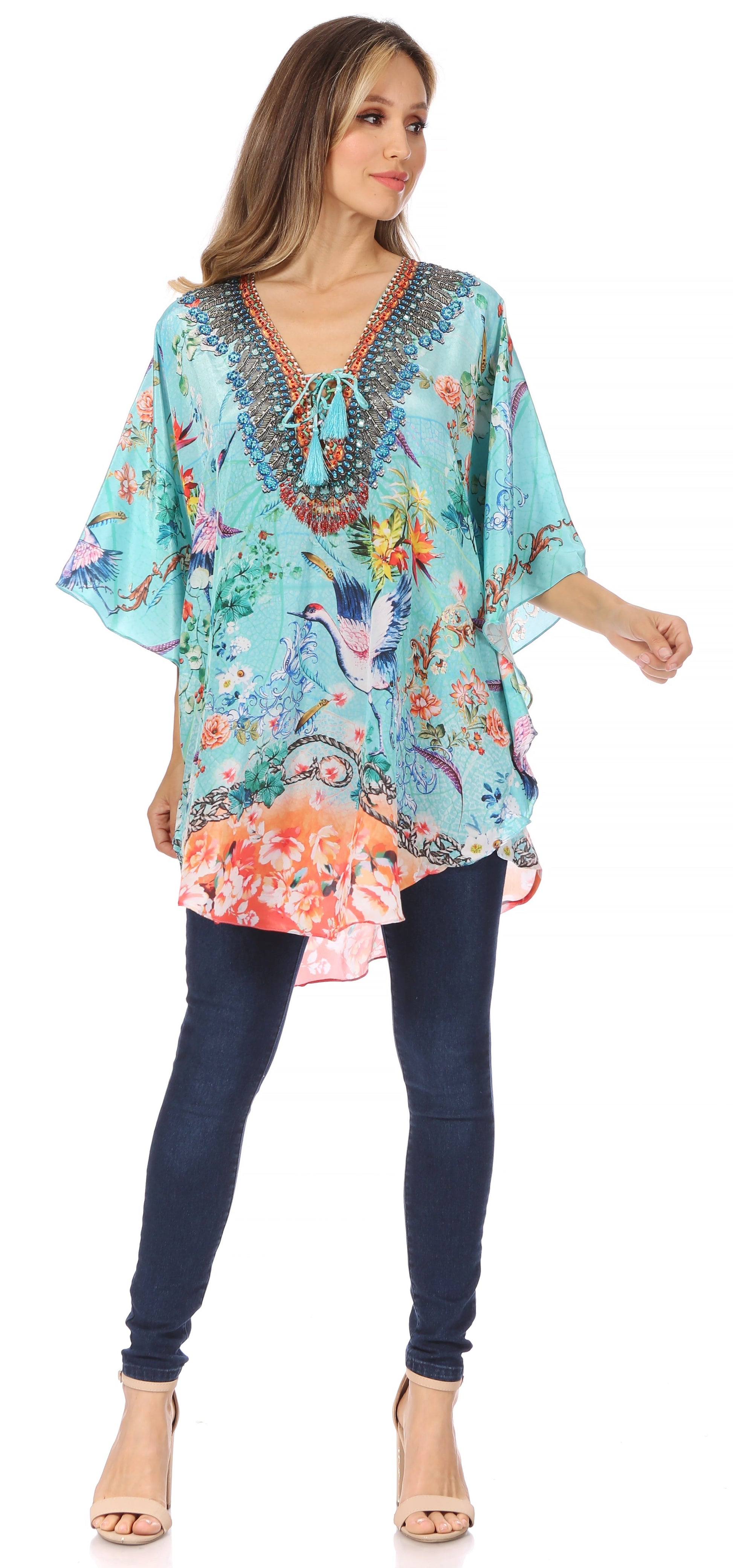 Sakkas Tallulah Wide Circle Blouse V Neck Top With Tassle Ties And Rhinestones - Concordia Style Boutique