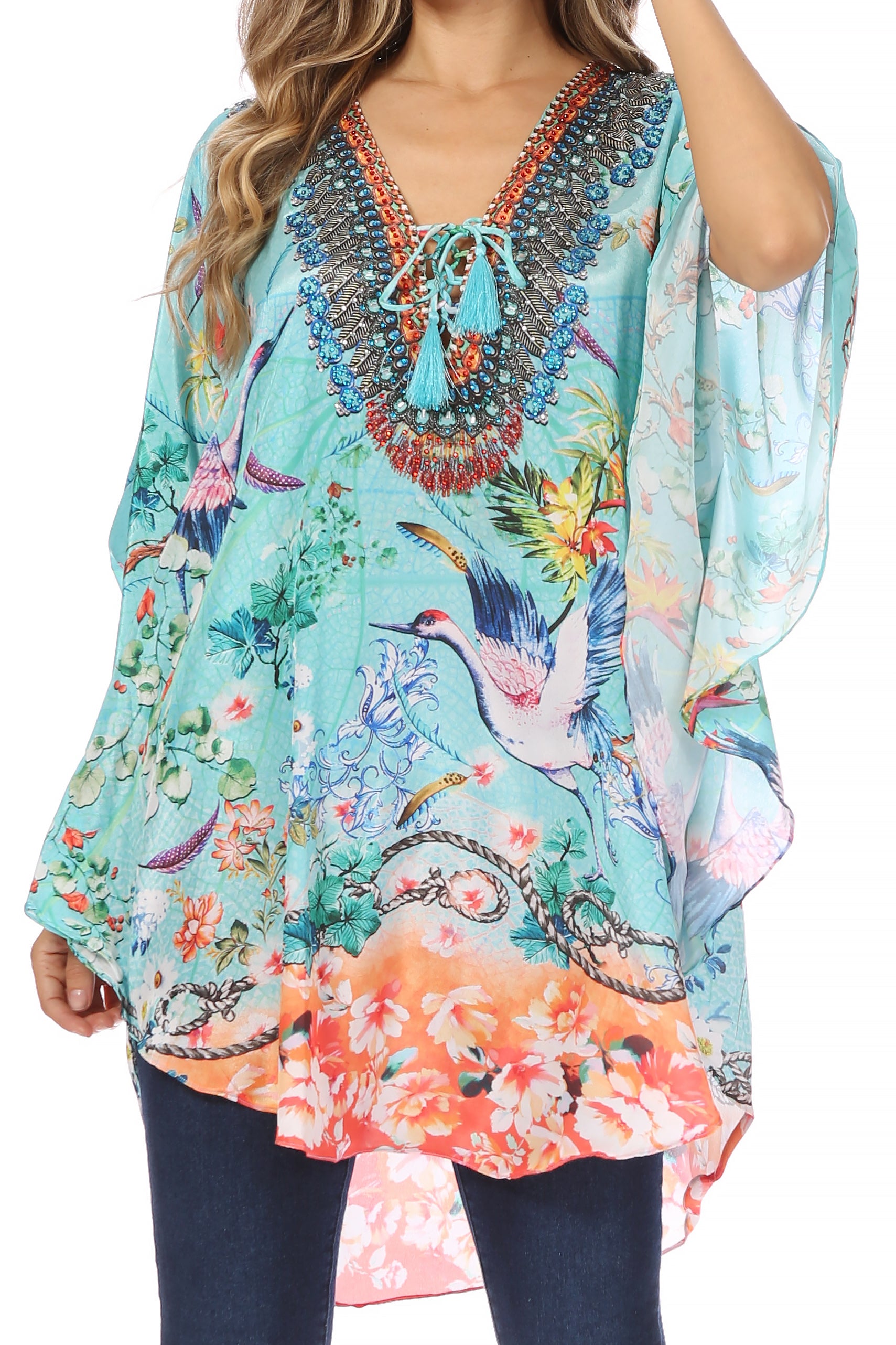 Sakkas Tallulah Wide Circle Blouse V Neck Top With Tassle Ties And Rhinestones - Concordia Style Boutique