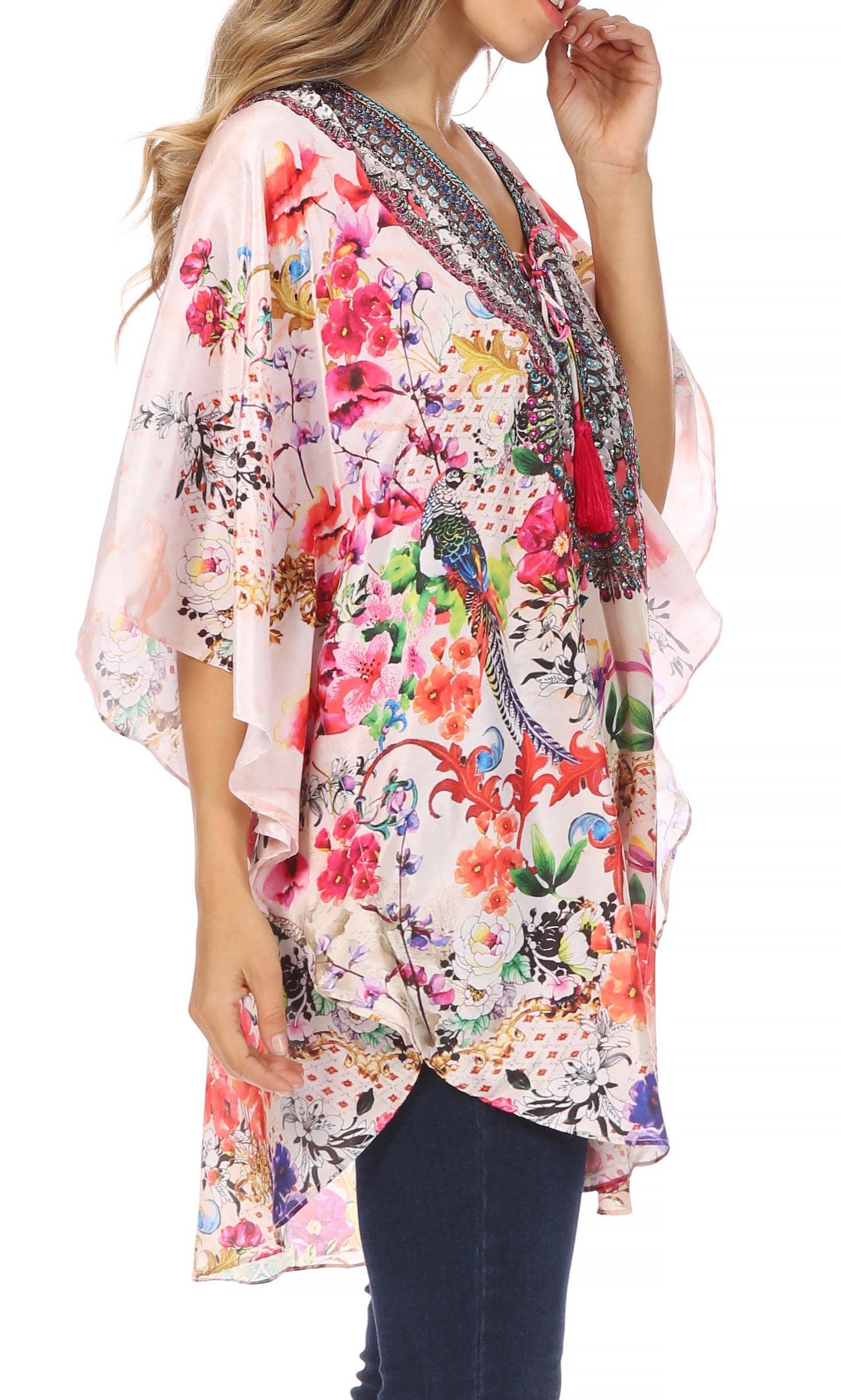 Sakkas Tallulah Wide Circle Blouse V Neck Top With Tassle Ties And Rhinestones - Concordia Style Boutique