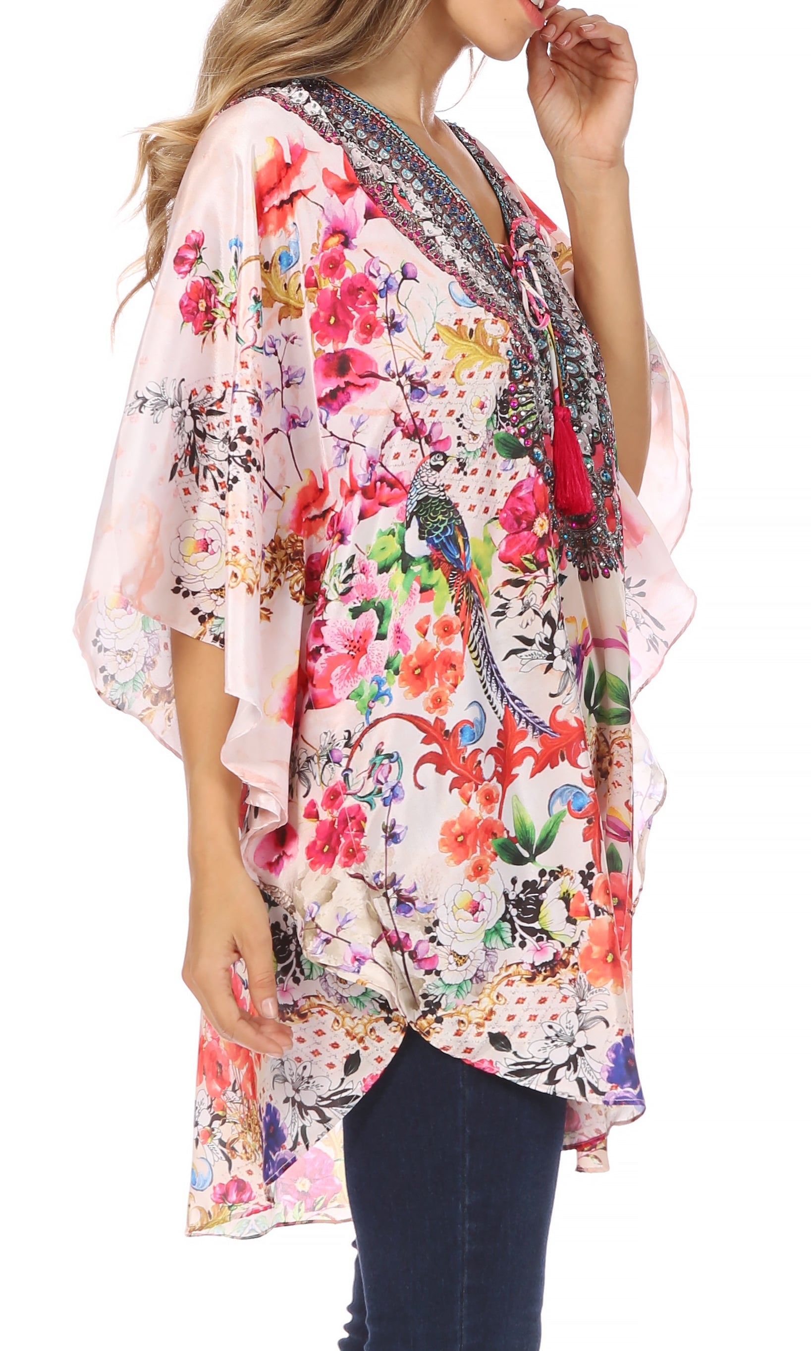 Sakkas Tallulah Wide Circle Blouse V Neck Top With Tassle Ties And Rhinestones - Concordia Style Boutique