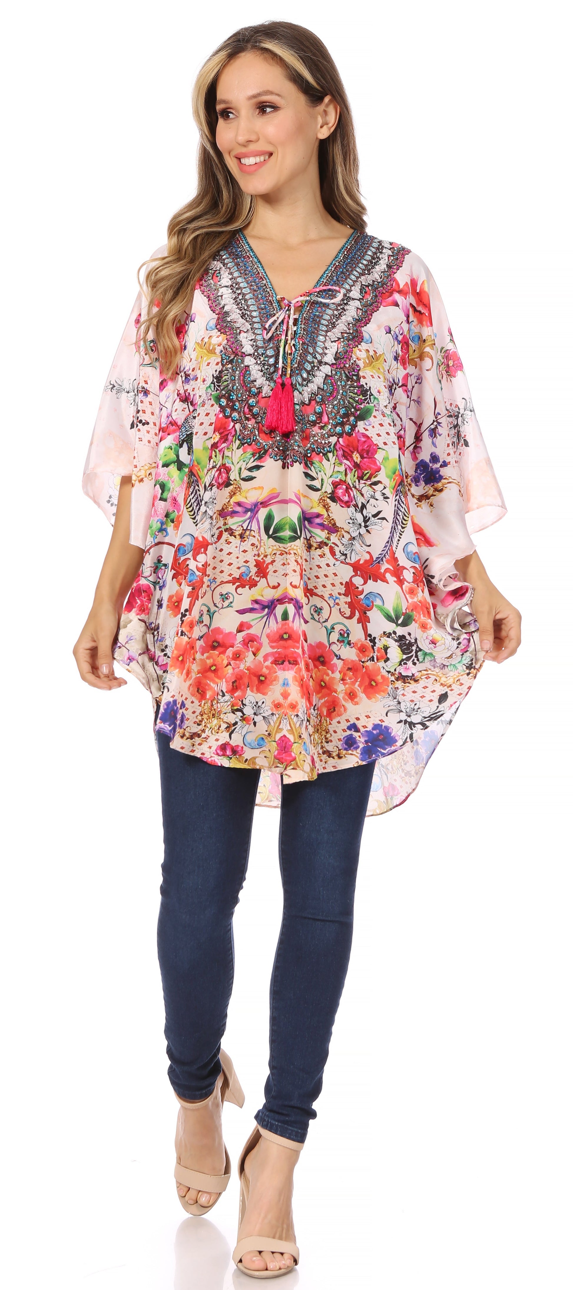Sakkas Tallulah Wide Circle Blouse V Neck Top With Tassle Ties And Rhinestones - Concordia Style Boutique