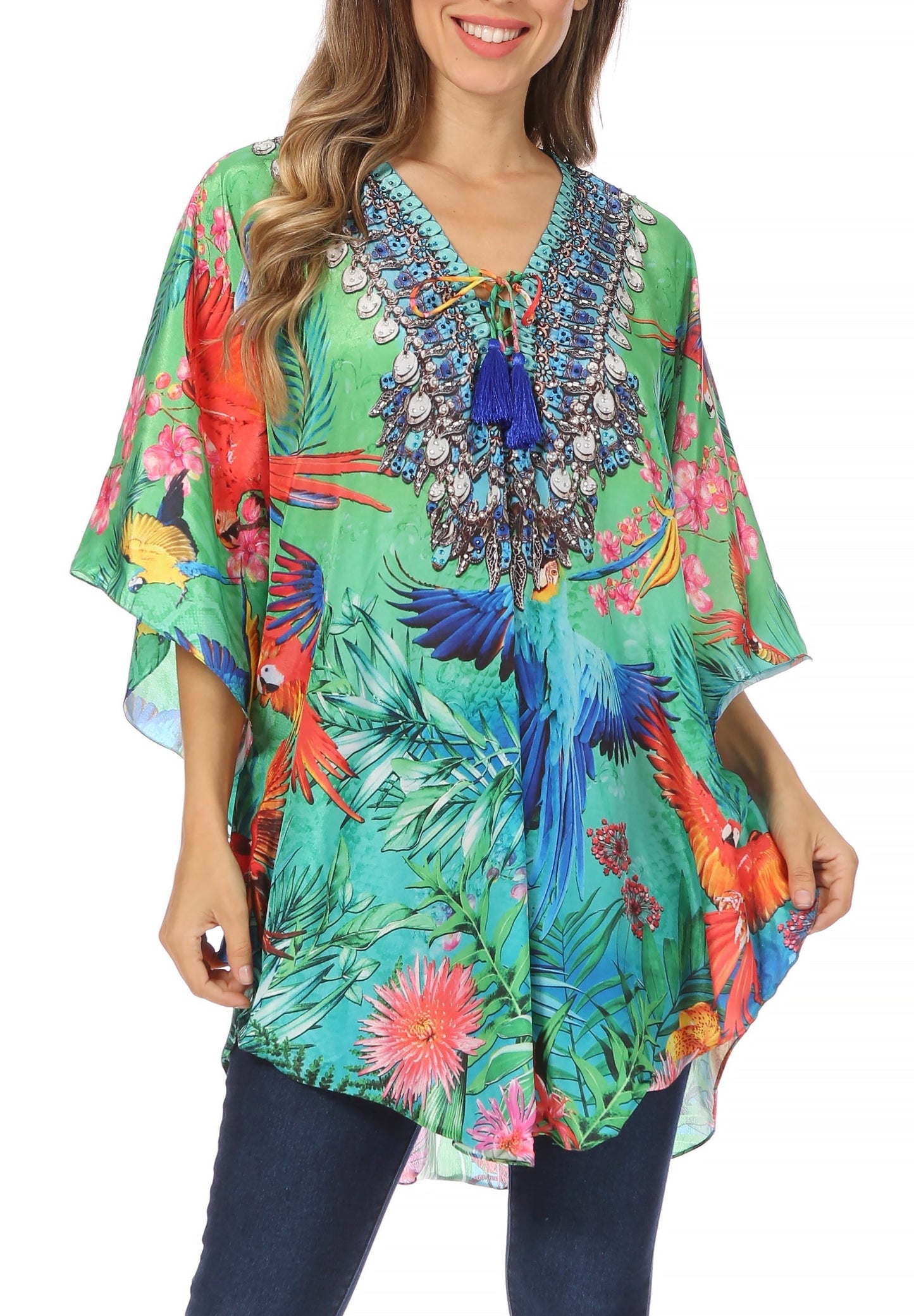 Sakkas Tallulah Wide Circle Blouse V Neck Top With Tassle Ties And Rhinestones - Concordia Style Boutique