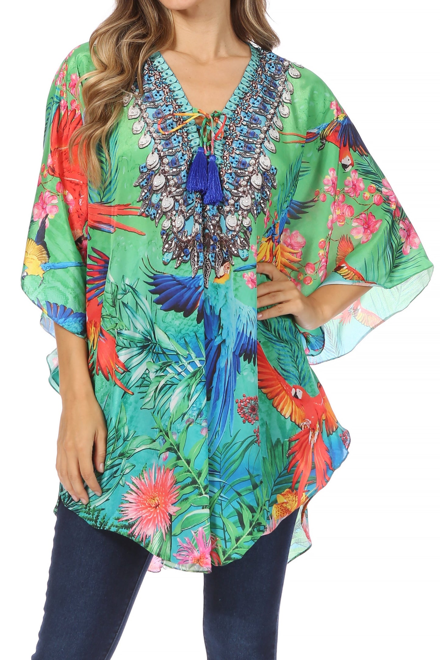 Sakkas Tallulah Wide Circle Blouse V Neck Top With Tassle Ties And Rhinestones - Concordia Style Boutique