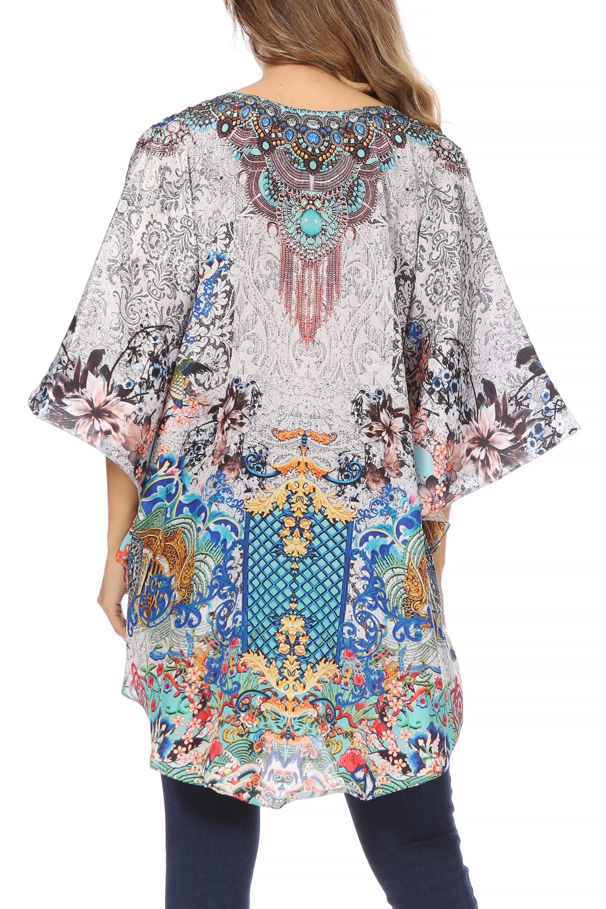 Sakkas Tallulah Wide Circle Blouse V Neck Top With Tassle Ties And Rhinestones - Concordia Style Boutique