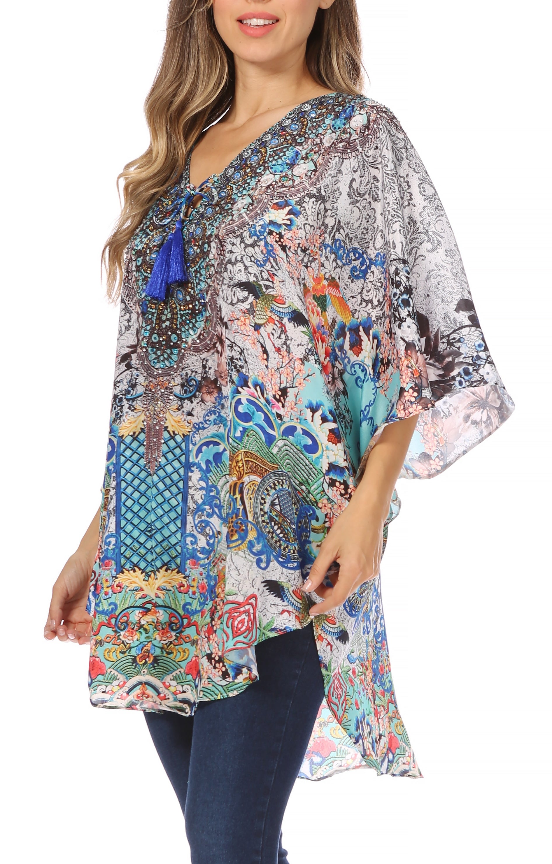 Sakkas Tallulah Wide Circle Blouse V Neck Top With Tassle Ties And Rhinestones - Concordia Style Boutique