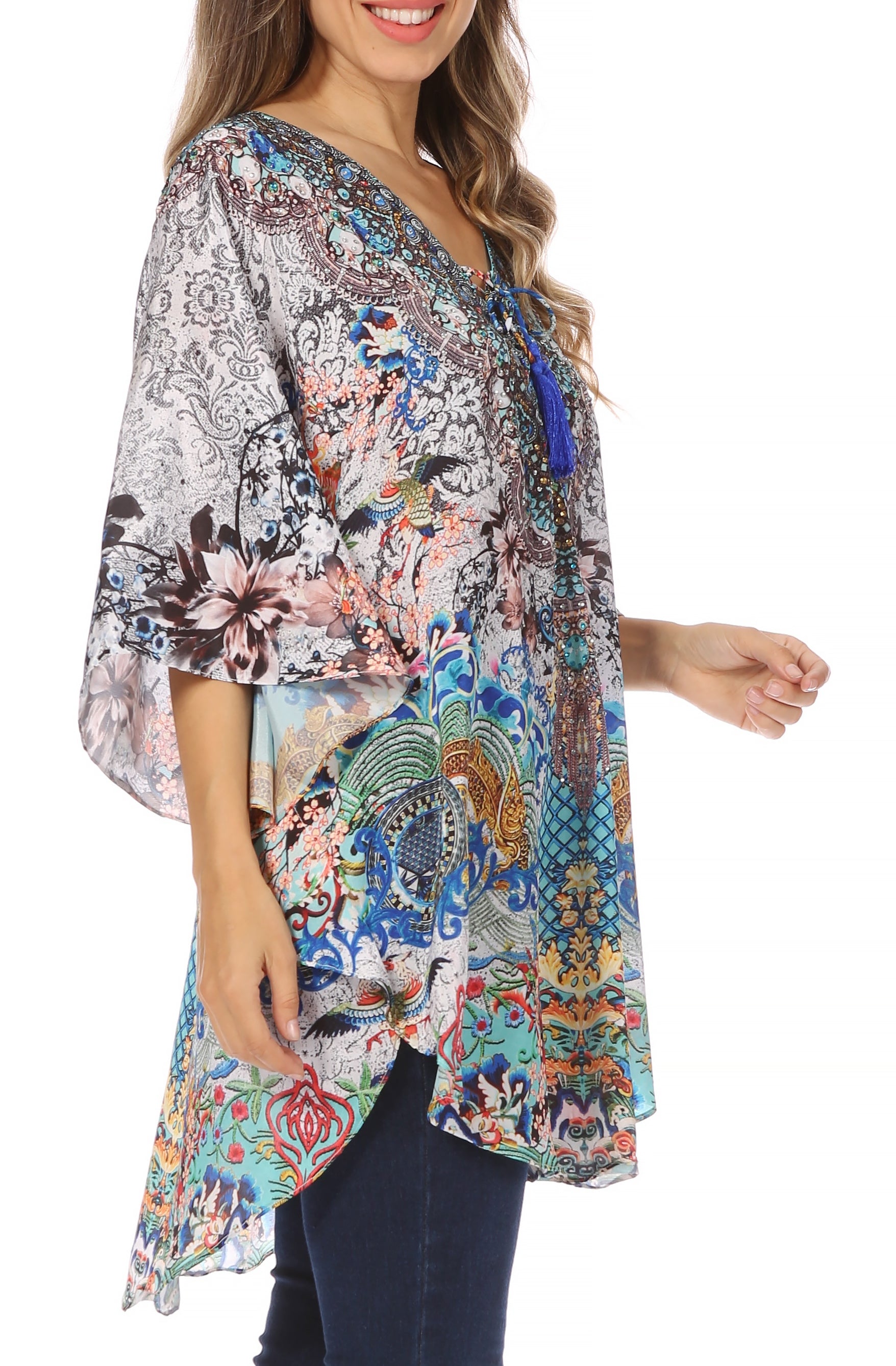 Sakkas Tallulah Wide Circle Blouse V Neck Top With Tassle Ties And Rhinestones - Concordia Style Boutique