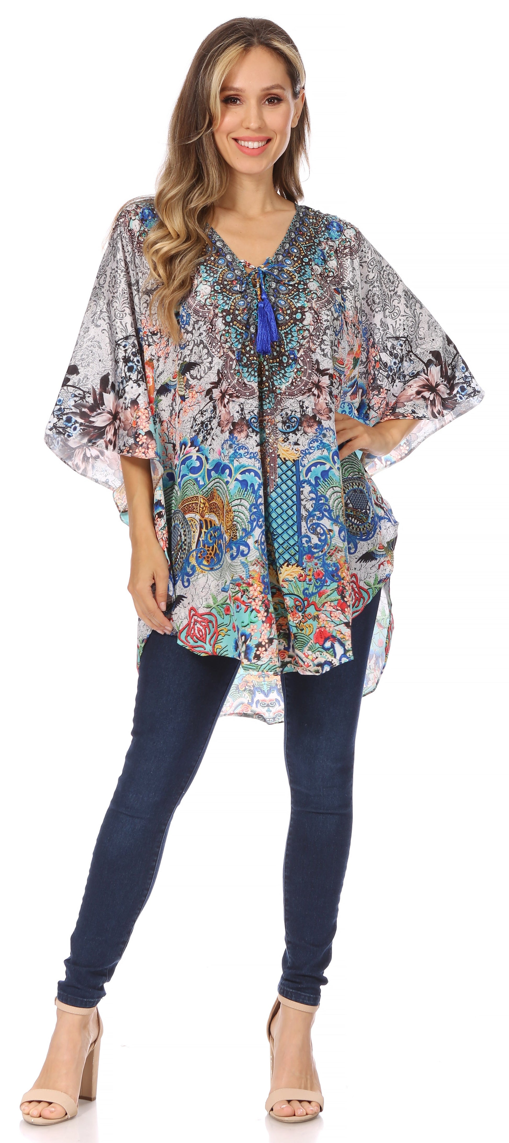 Sakkas Tallulah Wide Circle Blouse V Neck Top With Tassle Ties And Rhinestones - Concordia Style Boutique