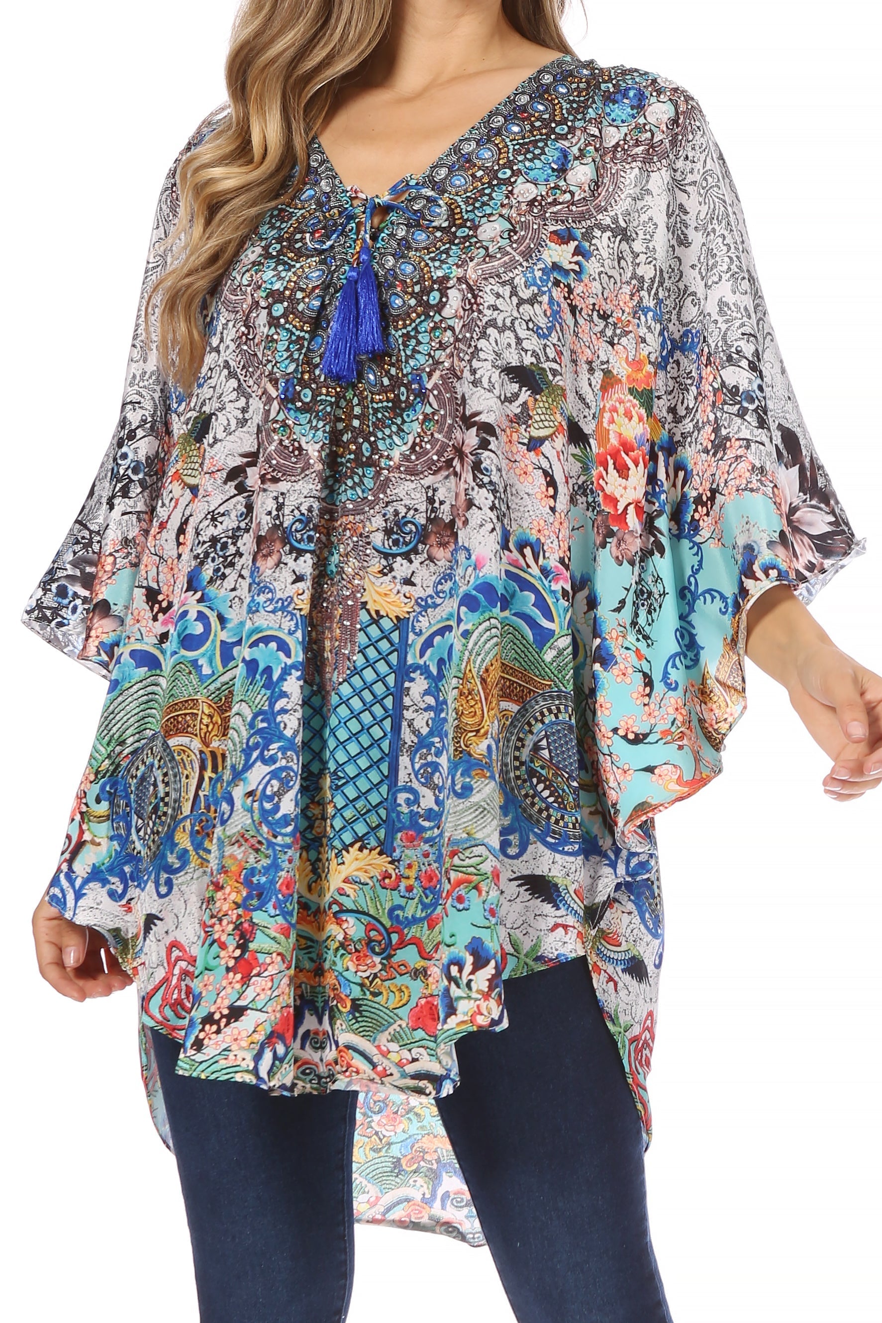 Sakkas Tallulah Wide Circle Blouse V Neck Top With Tassle Ties And Rhinestones - Concordia Style Boutique