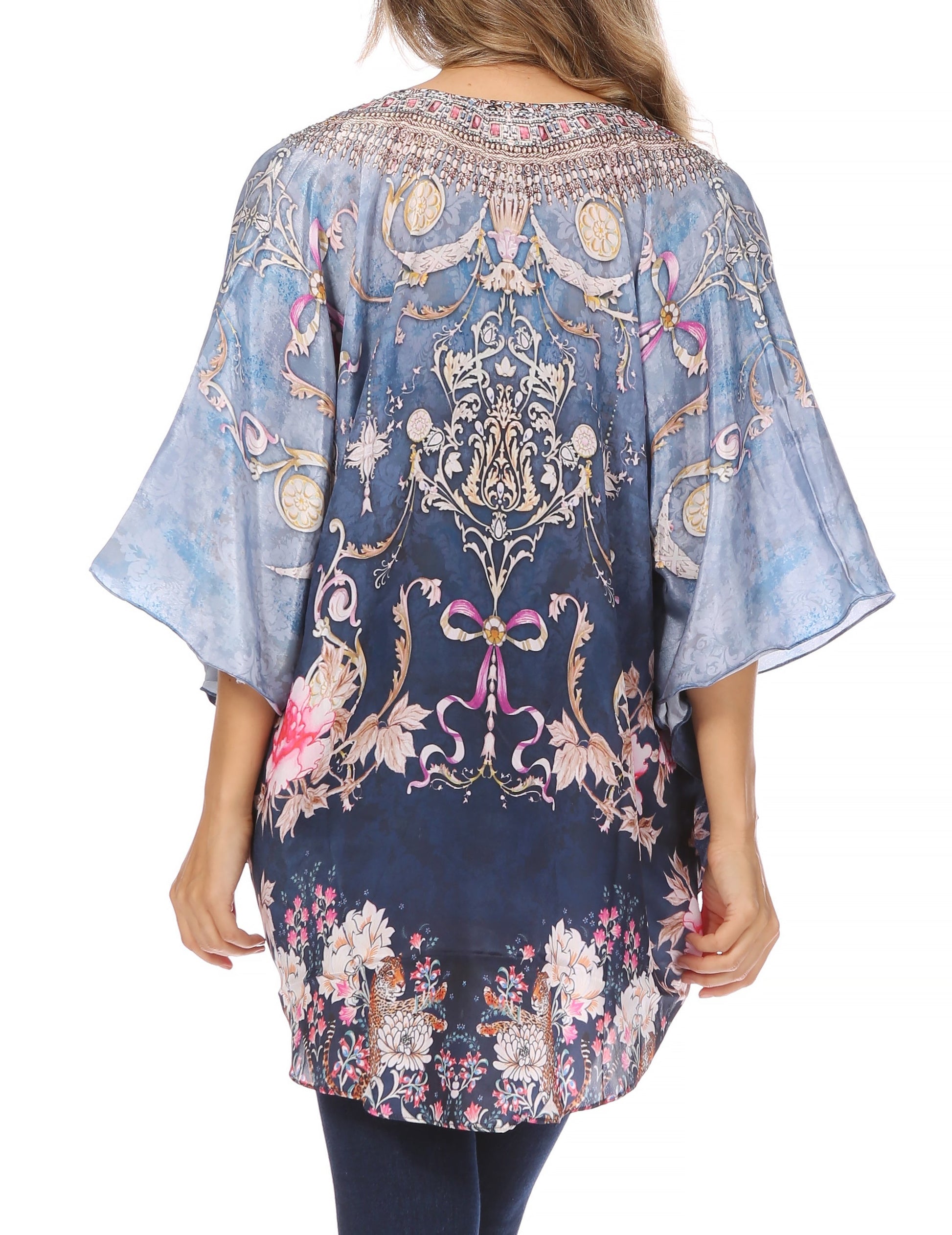Sakkas Tallulah Wide Circle Blouse V Neck Top With Tassle Ties And Rhinestones - Concordia Style Boutique