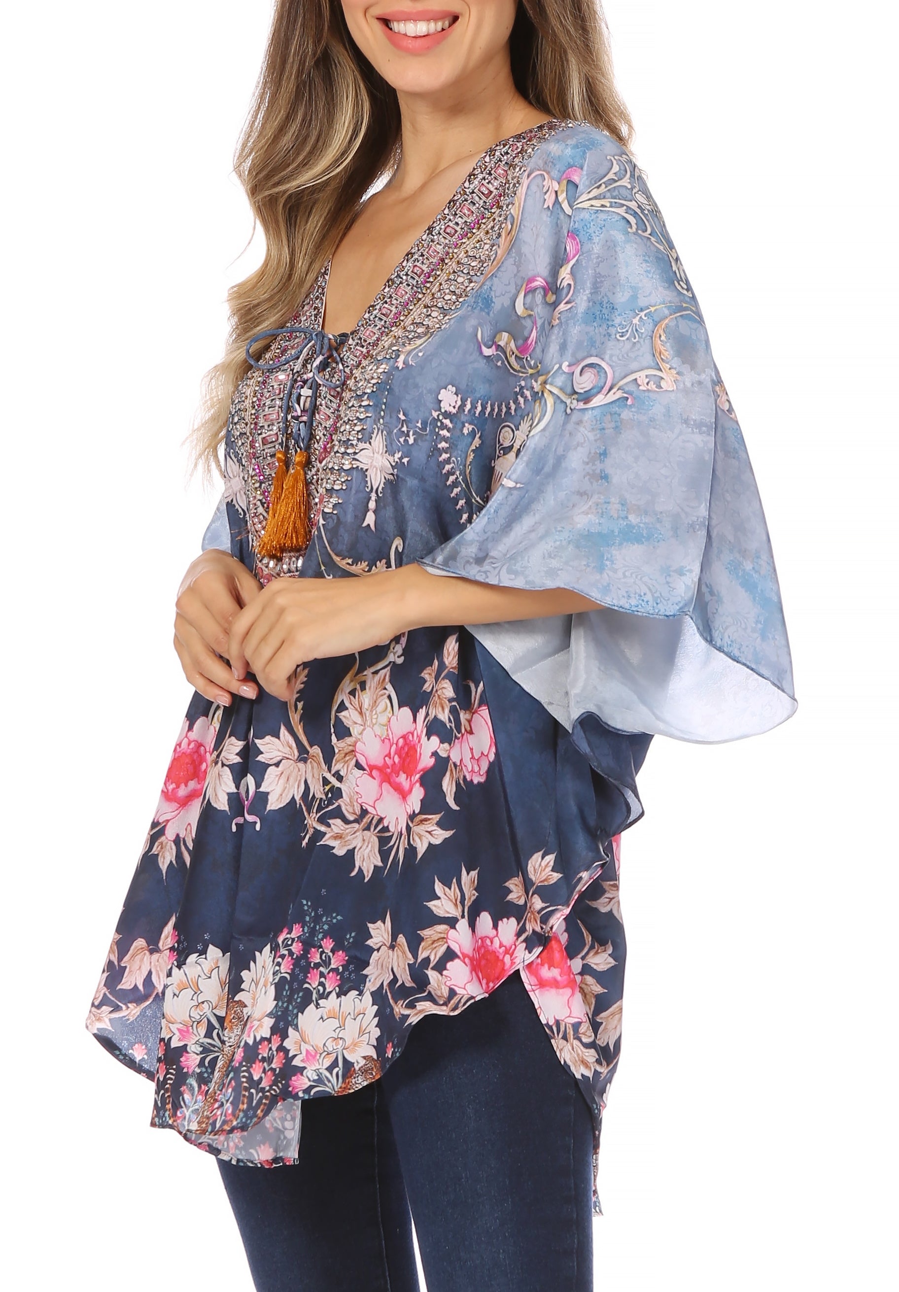 Sakkas Tallulah Wide Circle Blouse V Neck Top With Tassle Ties And Rhinestones - Concordia Style Boutique