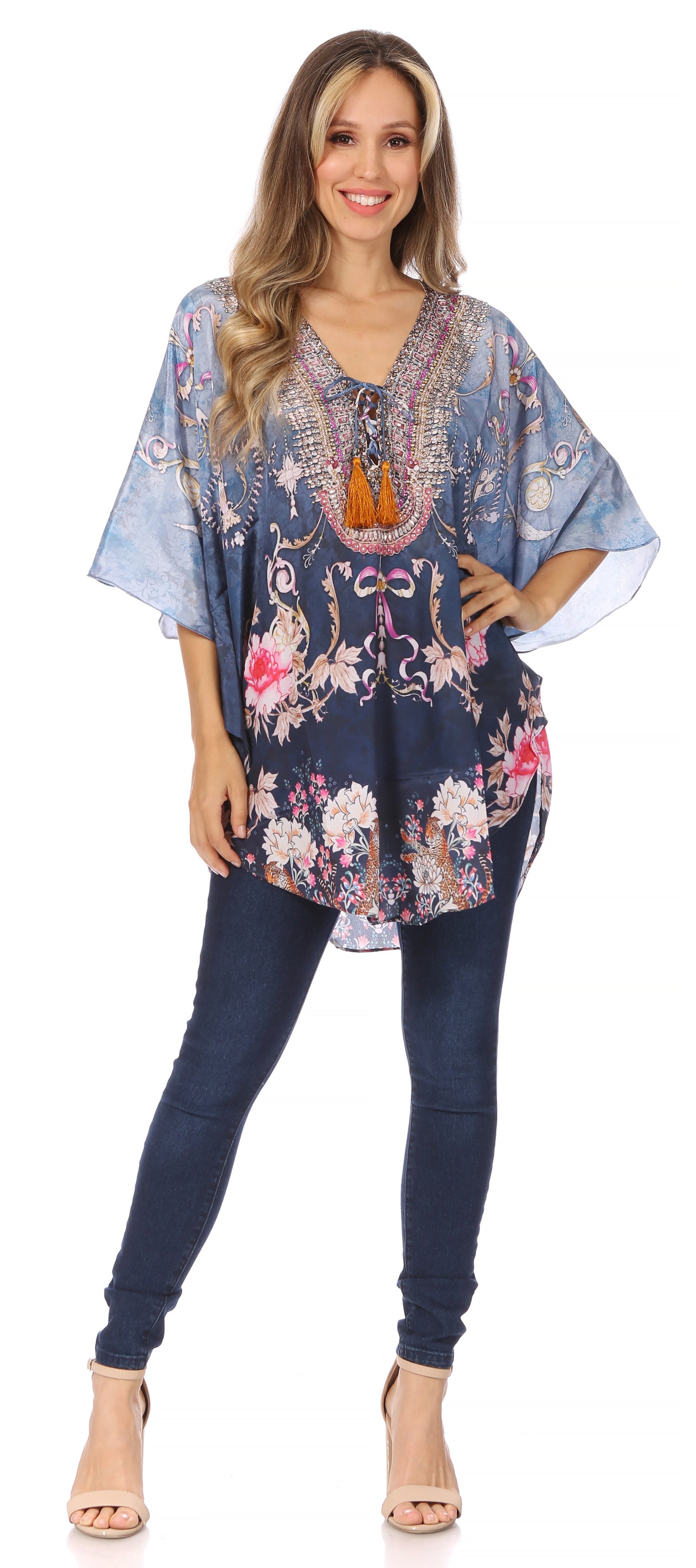 Sakkas Tallulah Wide Circle Blouse V Neck Top With Tassle Ties And Rhinestones - Concordia Style Boutique
