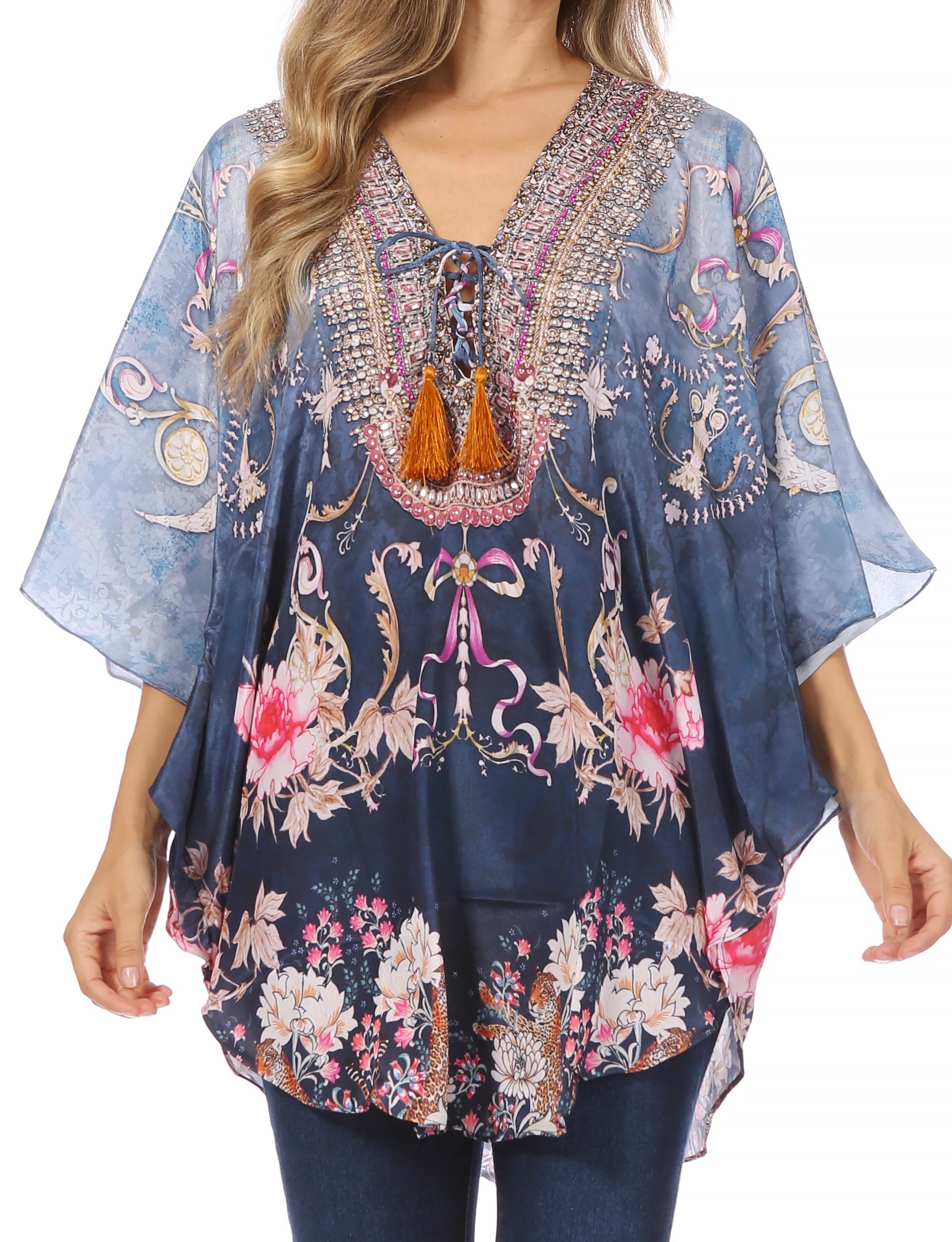 Sakkas Tallulah Wide Circle Blouse V Neck Top With Tassle Ties And Rhinestones - Concordia Style Boutique