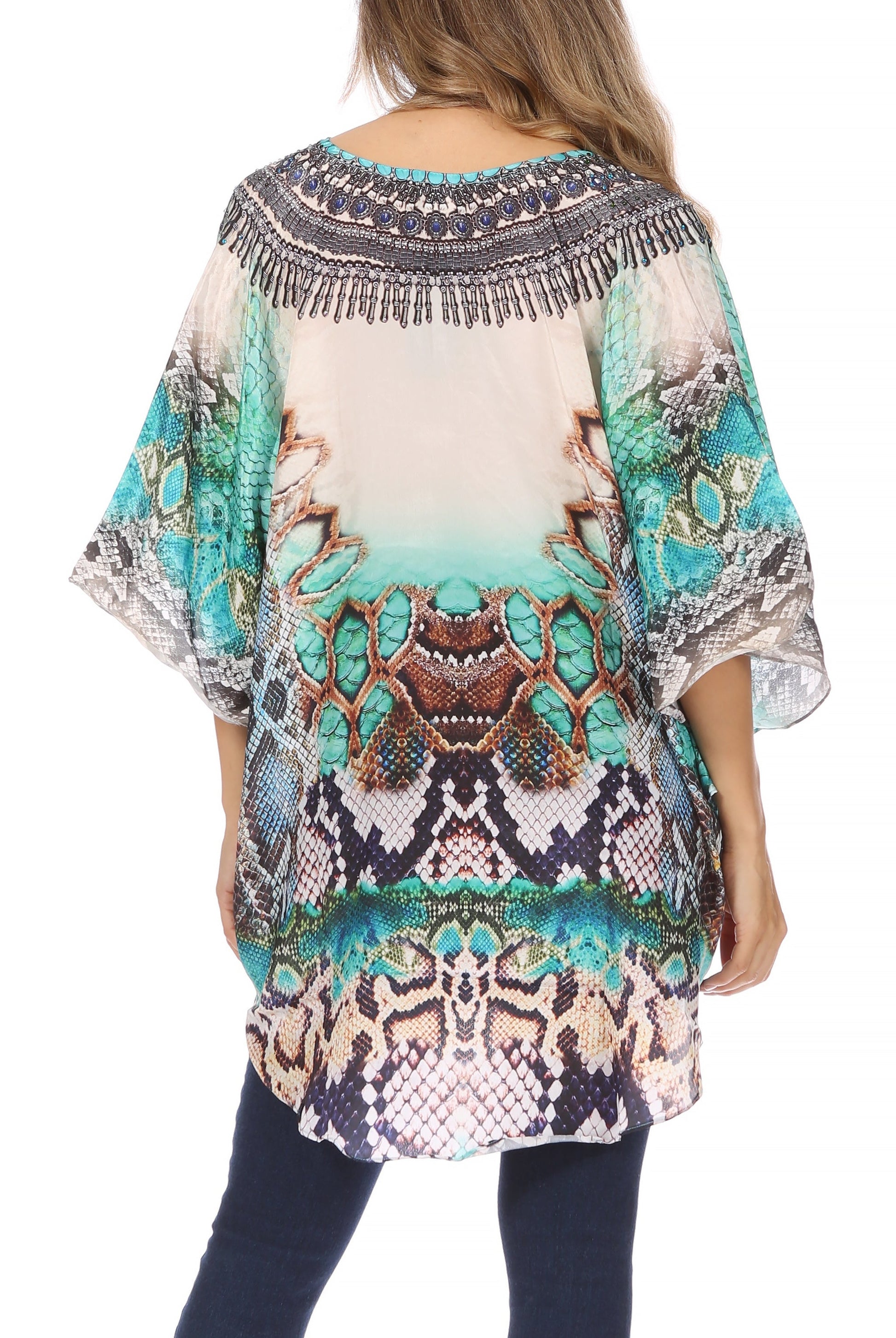 Sakkas Tallulah Wide Circle Blouse V Neck Top With Tassle Ties And Rhinestones - Concordia Style Boutique