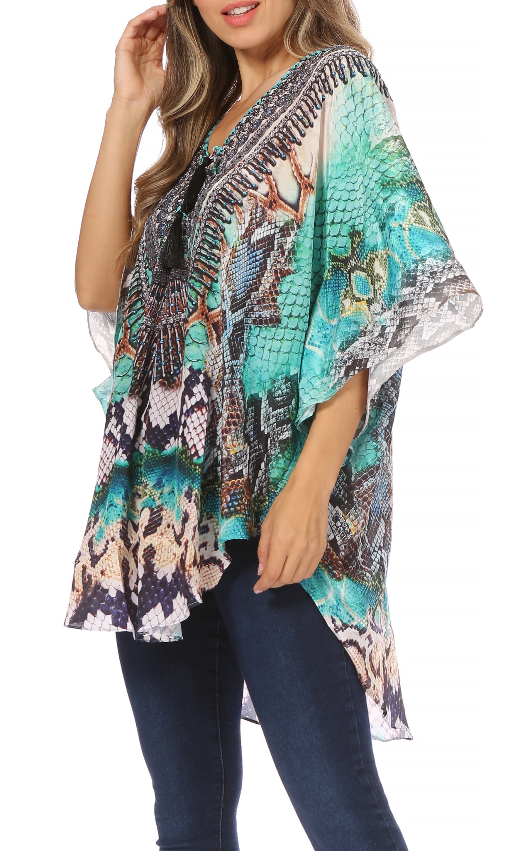 Sakkas Tallulah Wide Circle Blouse V Neck Top With Tassle Ties And Rhinestones - Concordia Style Boutique