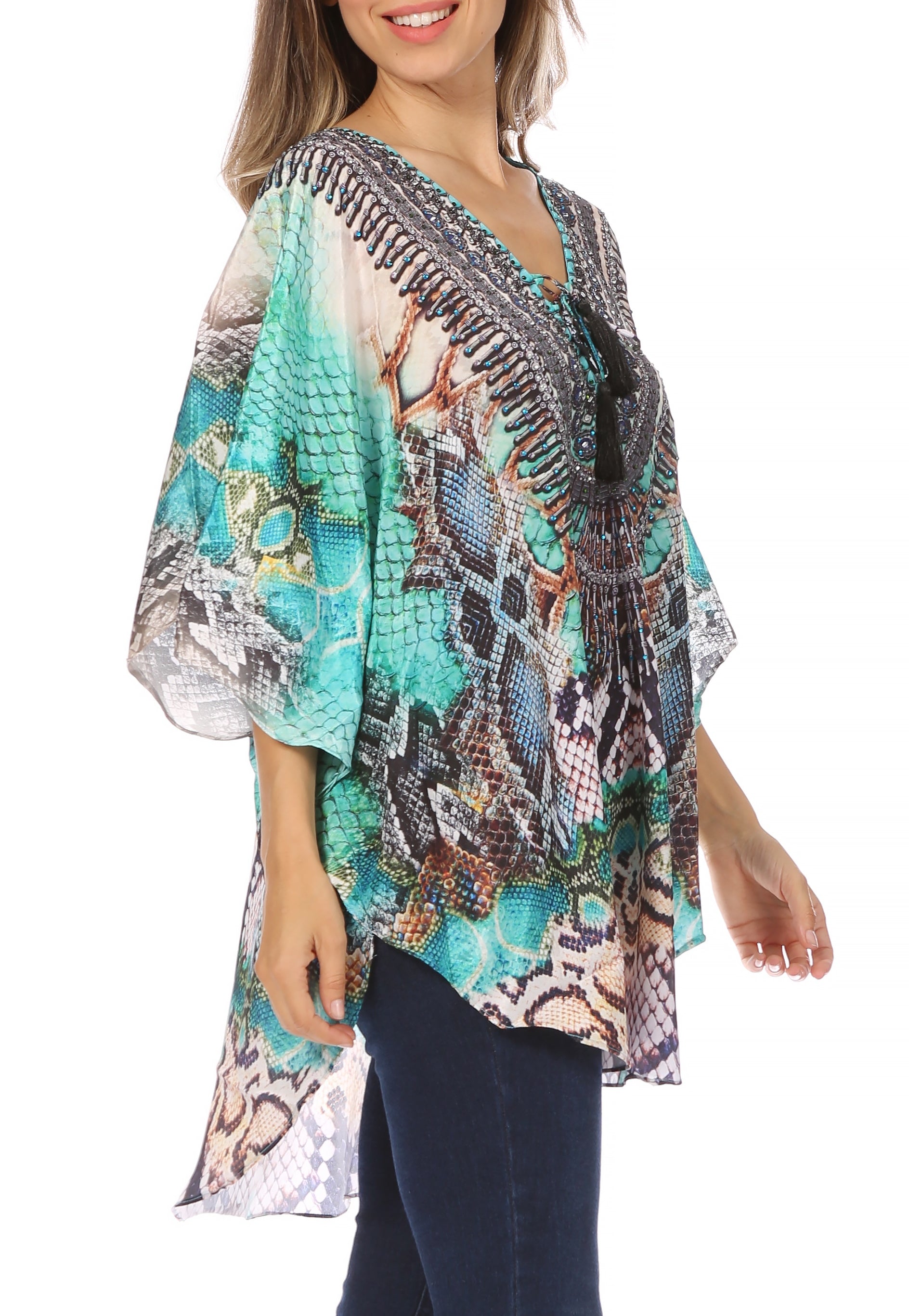Sakkas Tallulah Wide Circle Blouse V Neck Top With Tassle Ties And Rhinestones - Concordia Style Boutique