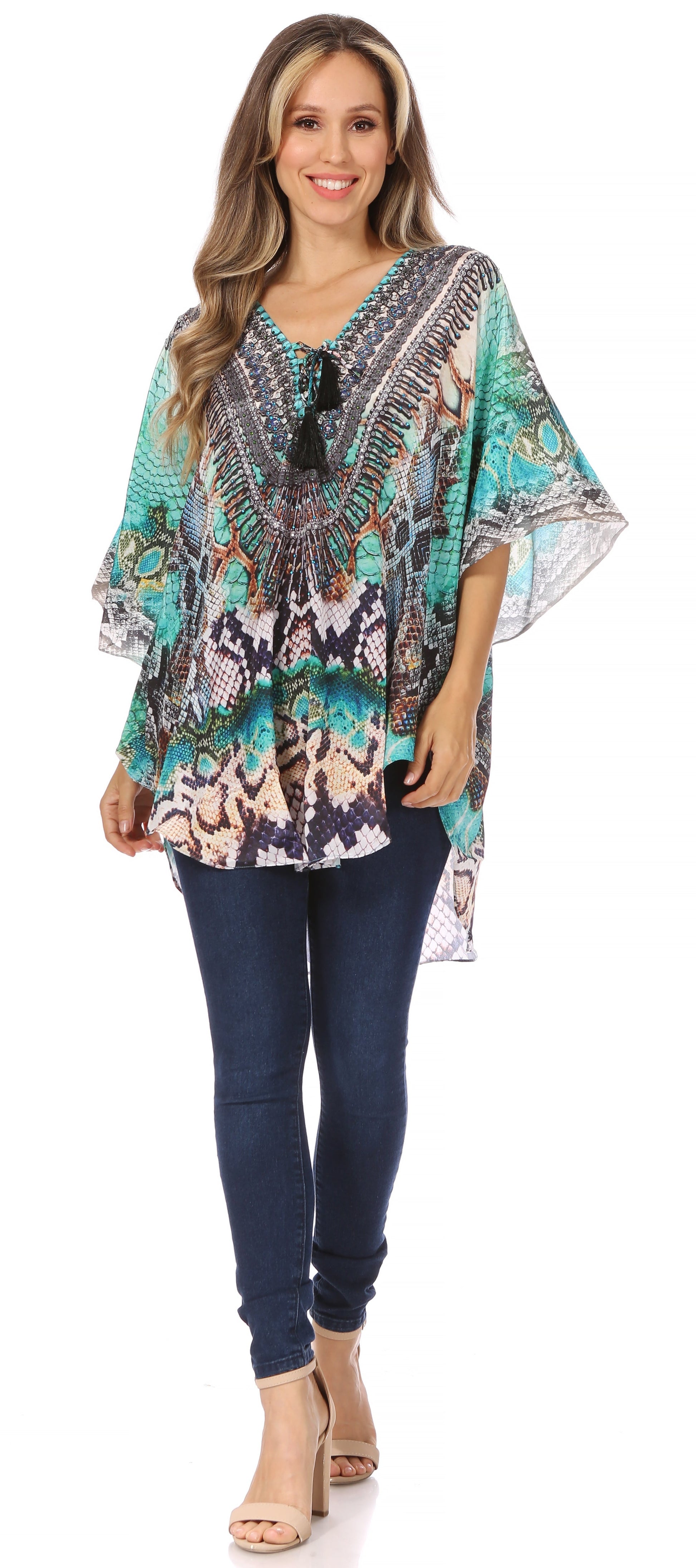 Sakkas Tallulah Wide Circle Blouse V Neck Top With Tassle Ties And Rhinestones - Concordia Style Boutique
