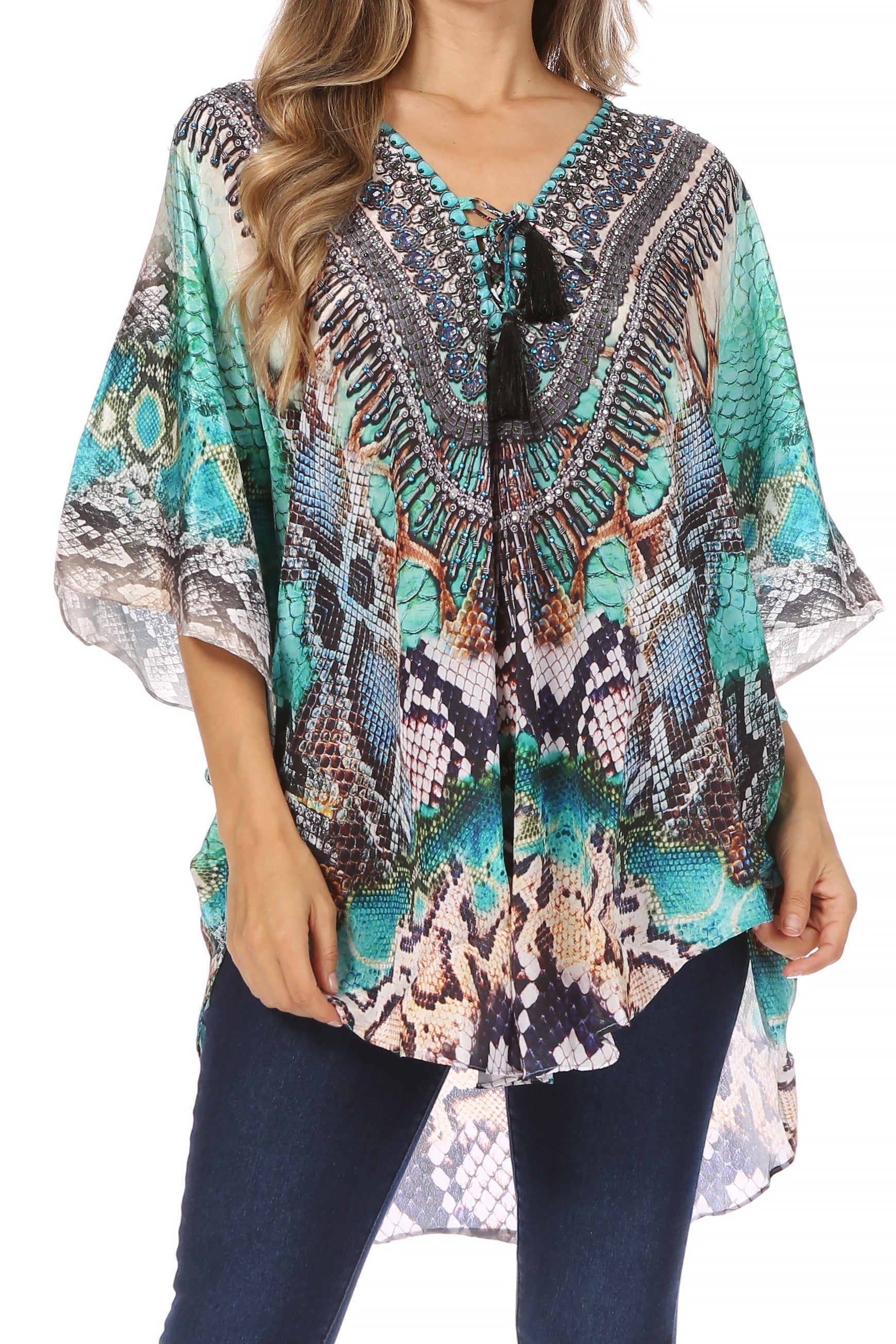 Sakkas Tallulah Wide Circle Blouse V Neck Top With Tassle Ties And Rhinestones - Concordia Style Boutique