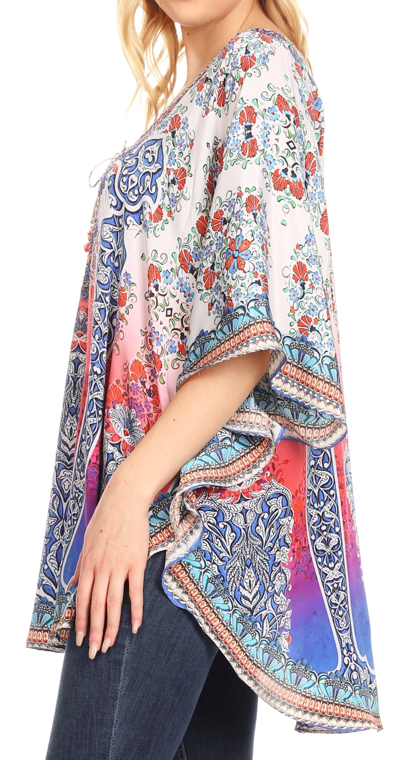 Sakkas Tallulah Wide Circle Blouse V Neck Top With Tassle Ties And Rhinestones - Concordia Style Boutique