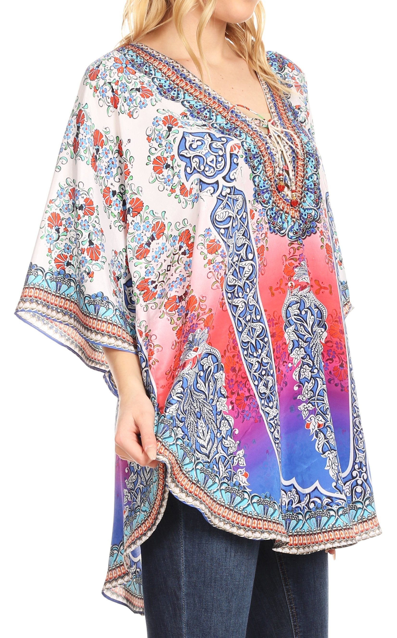 Sakkas Tallulah Wide Circle Blouse V Neck Top With Tassle Ties And Rhinestones - Concordia Style Boutique