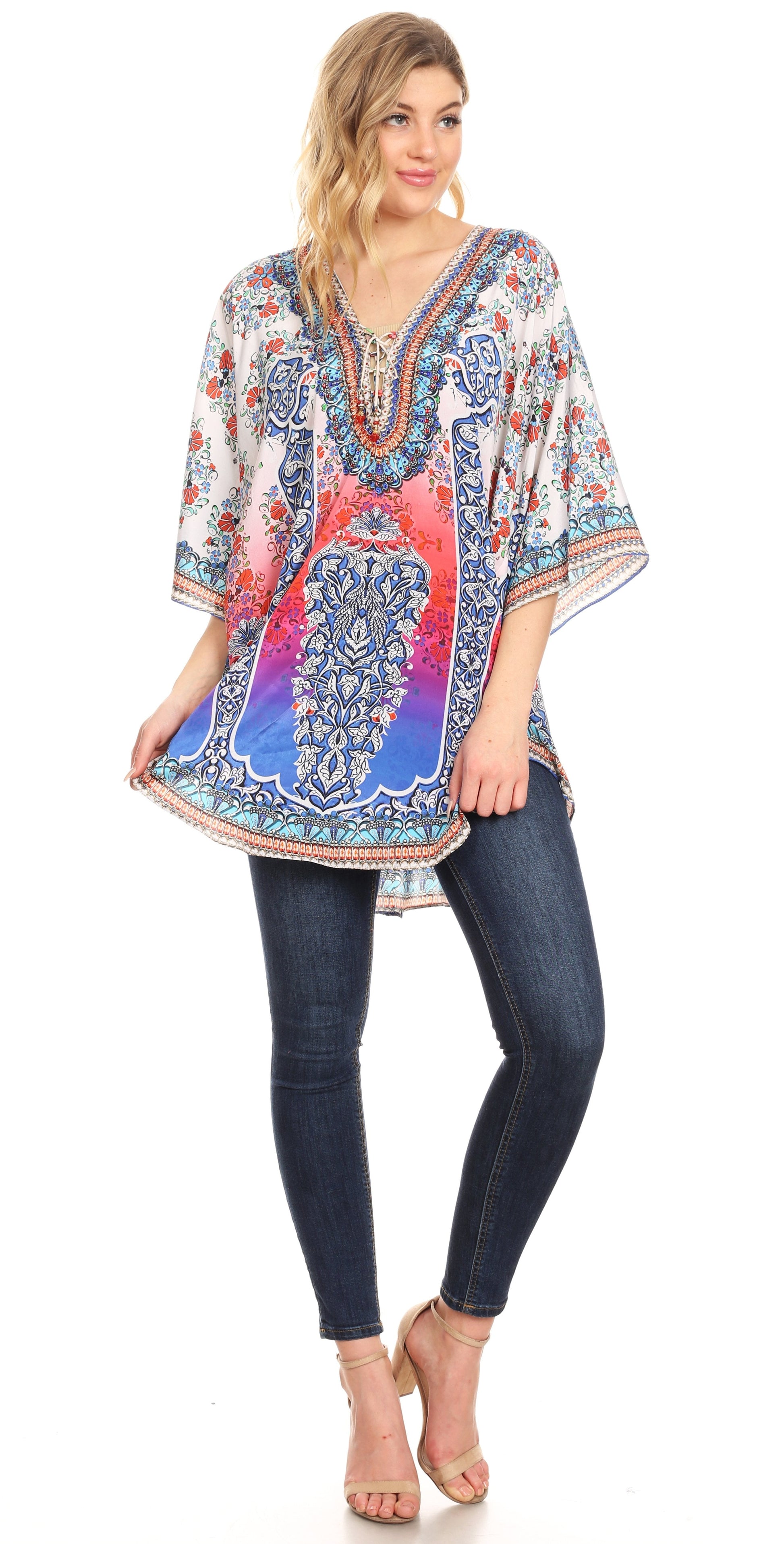 Sakkas Tallulah Wide Circle Blouse V Neck Top With Tassle Ties And Rhinestones - Concordia Style Boutique