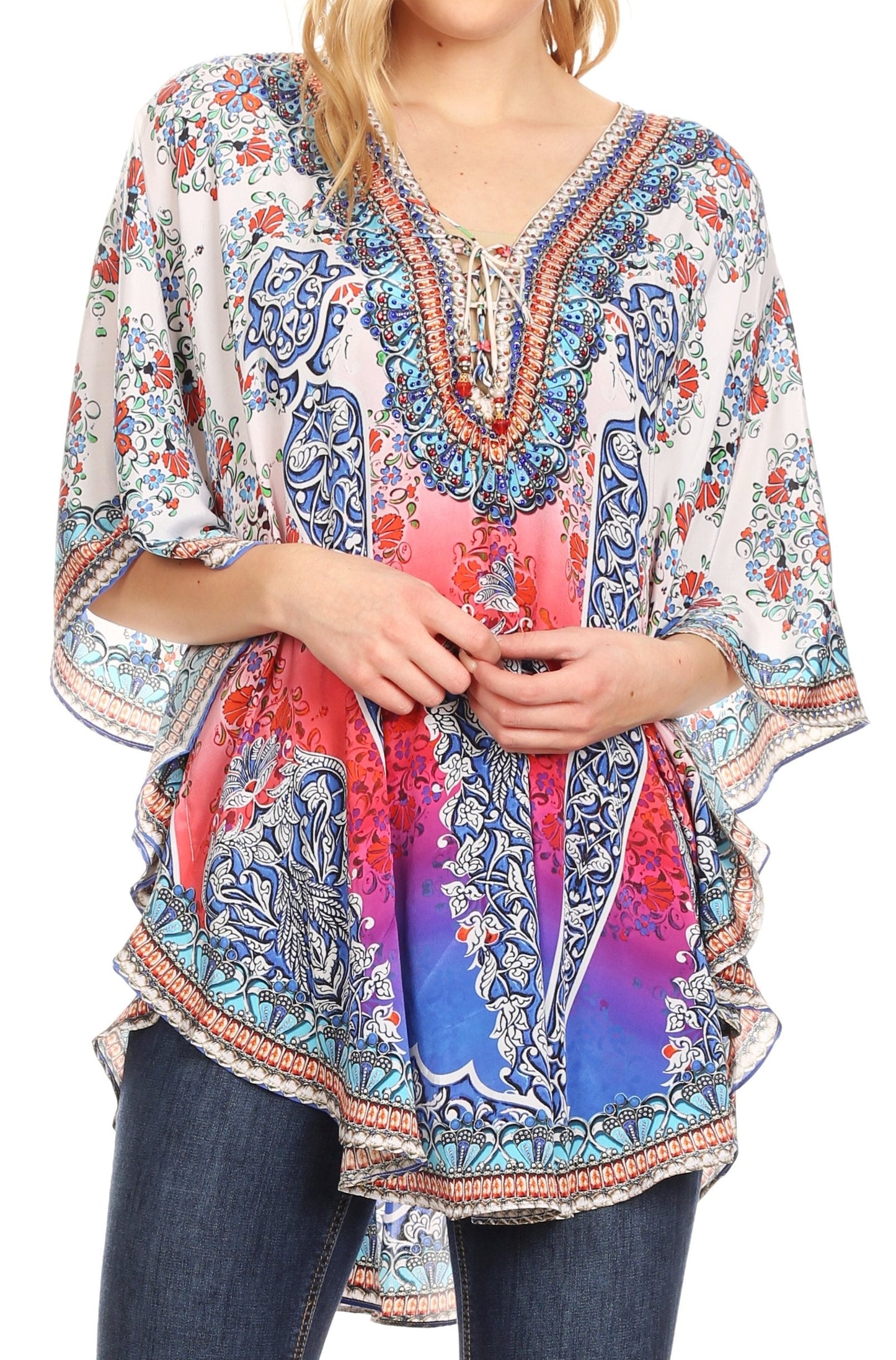 Sakkas Tallulah Wide Circle Blouse V Neck Top With Tassle Ties And Rhinestones - Concordia Style Boutique