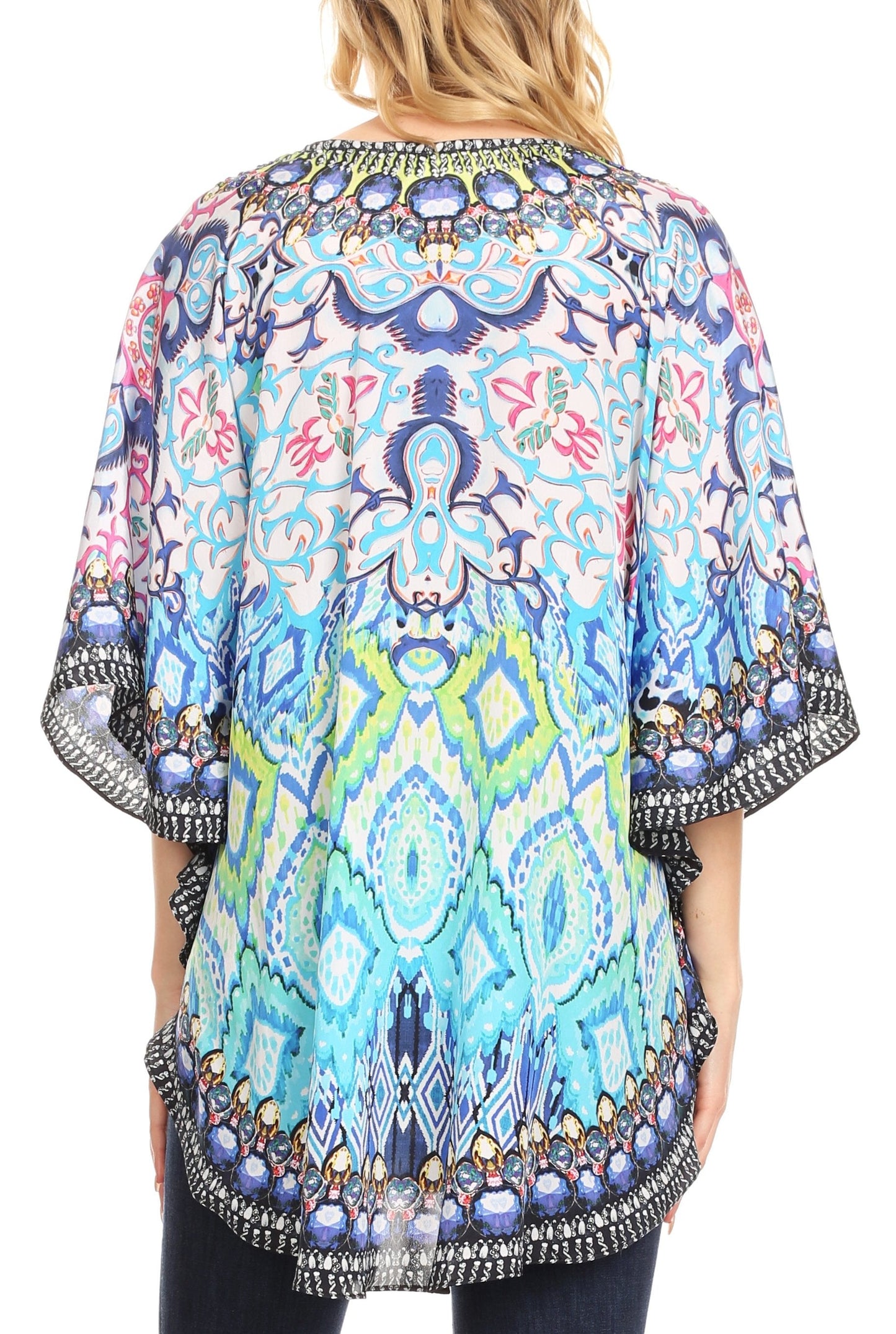Sakkas Tallulah Wide Circle Blouse V Neck Top With Tassle Ties And Rhinestones - Concordia Style Boutique