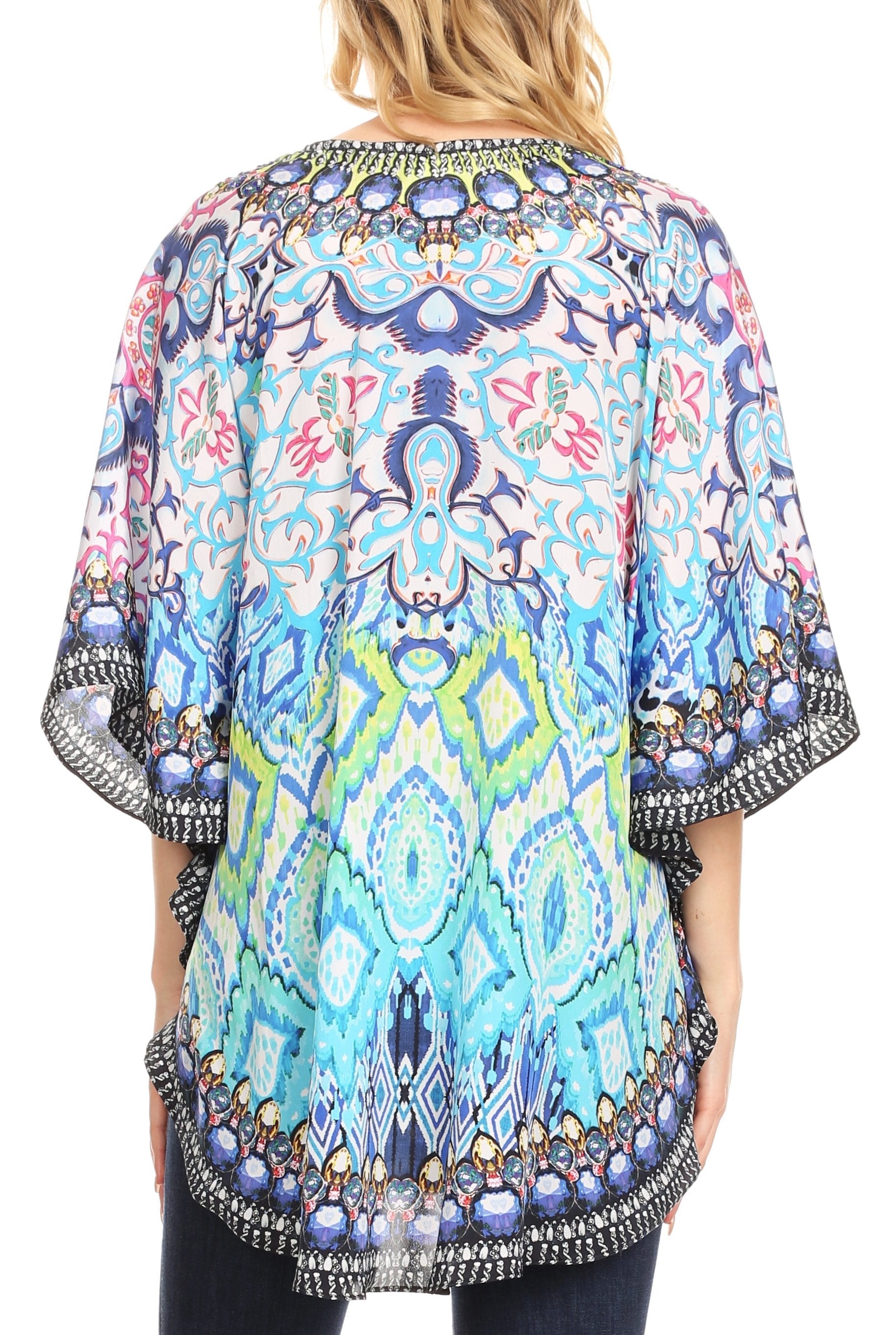 Sakkas Tallulah Wide Circle Blouse V Neck Top With Tassle Ties And Rhinestones - Concordia Style Boutique