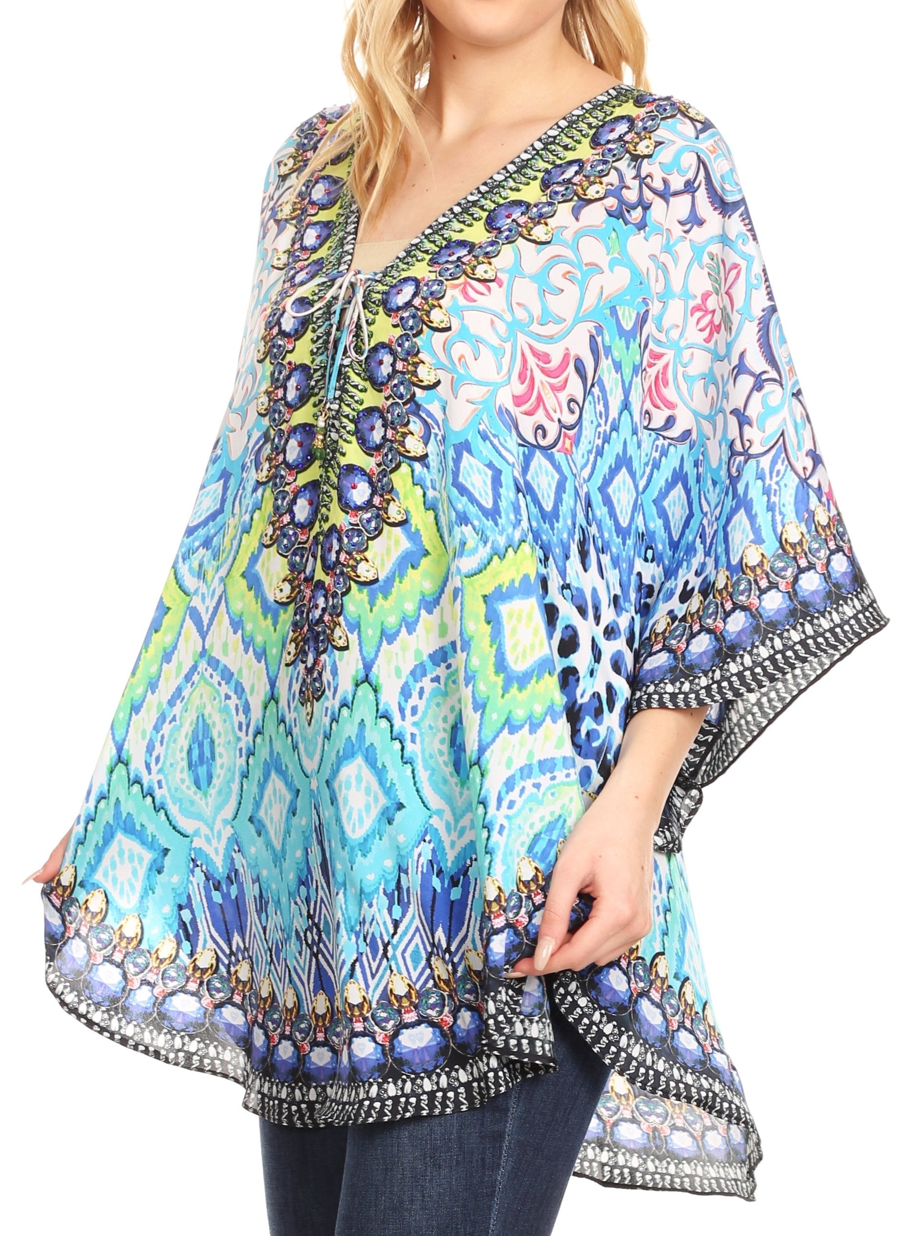 Sakkas Tallulah Wide Circle Blouse V Neck Top With Tassle Ties And Rhinestones - Concordia Style Boutique