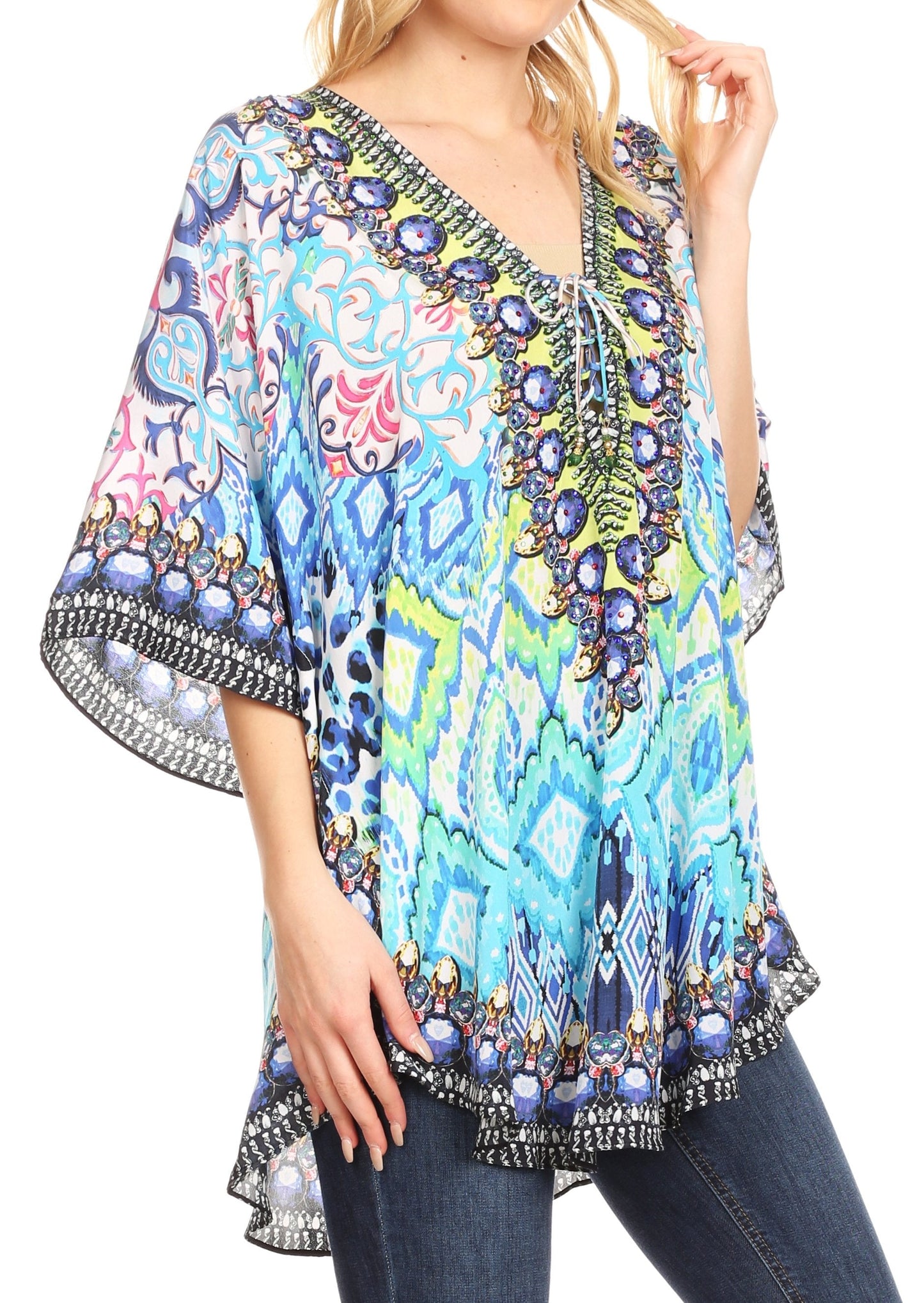 Sakkas Tallulah Wide Circle Blouse V Neck Top With Tassle Ties And Rhinestones - Concordia Style Boutique