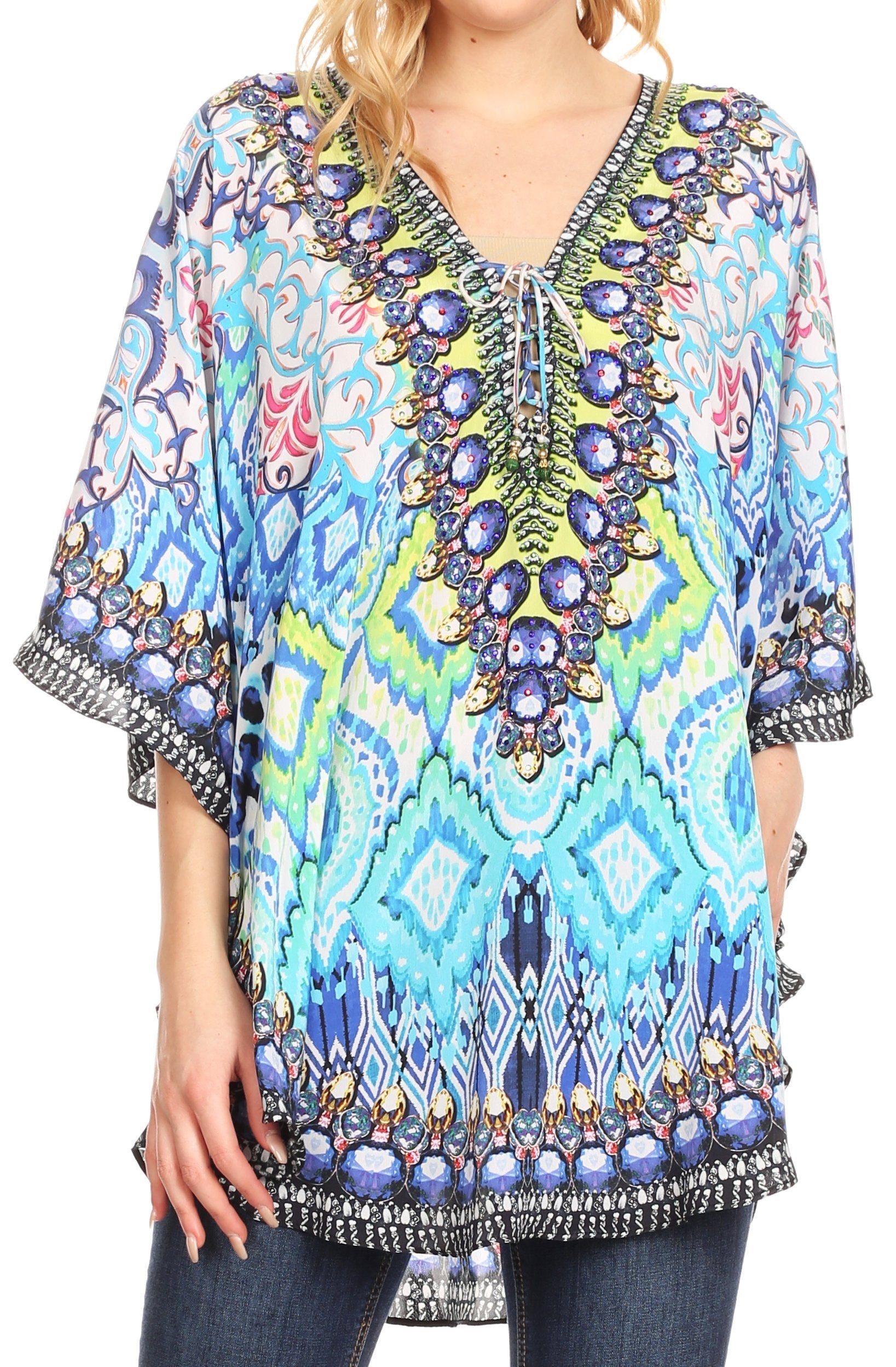 Sakkas Tallulah Wide Circle Blouse V Neck Top With Tassle Ties And Rhinestones - Concordia Style Boutique