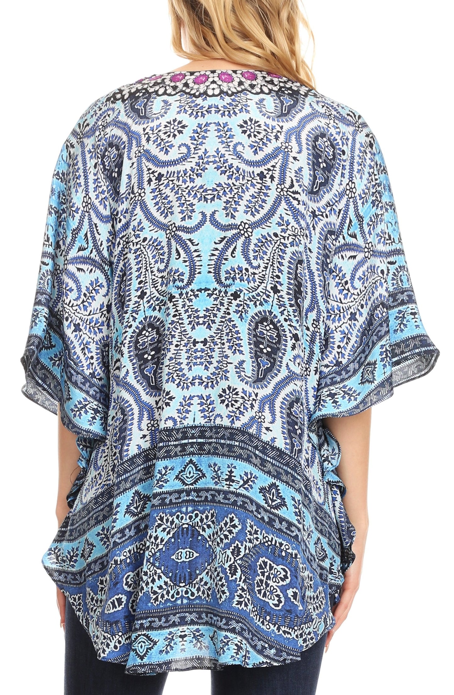 Sakkas Tallulah Wide Circle Blouse V Neck Top With Tassle Ties And Rhinestones - Concordia Style Boutique