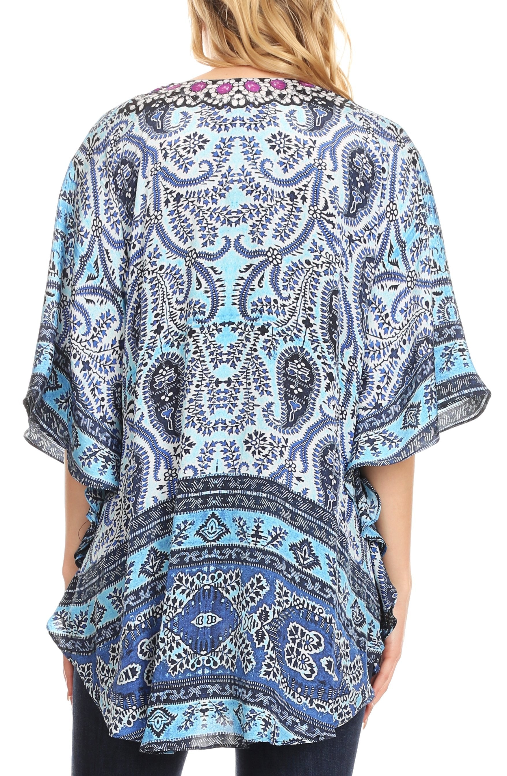 Sakkas Tallulah Wide Circle Blouse V Neck Top With Tassle Ties And Rhinestones - Concordia Style Boutique