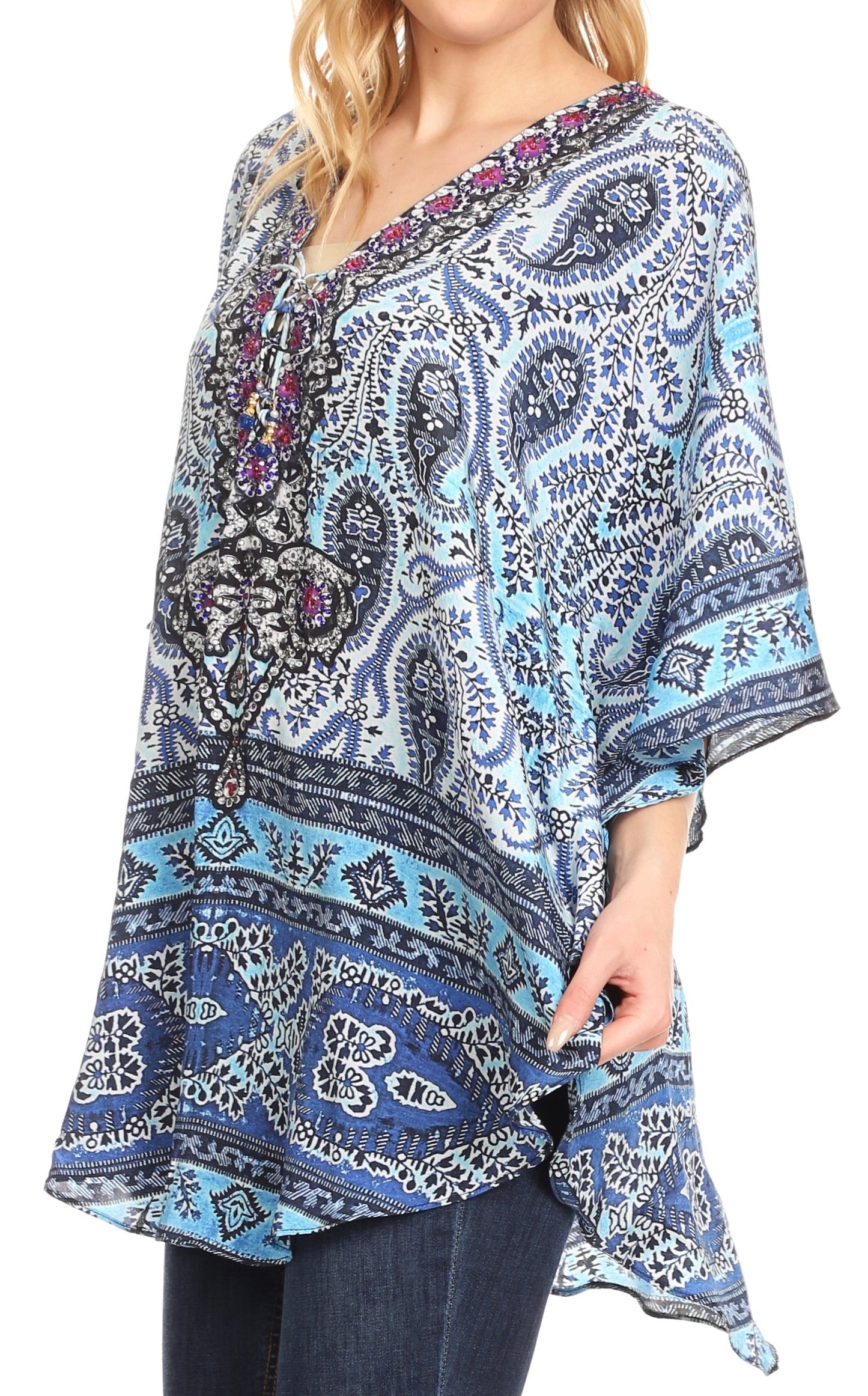 Sakkas Tallulah Wide Circle Blouse V Neck Top With Tassle Ties And Rhinestones - Concordia Style Boutique