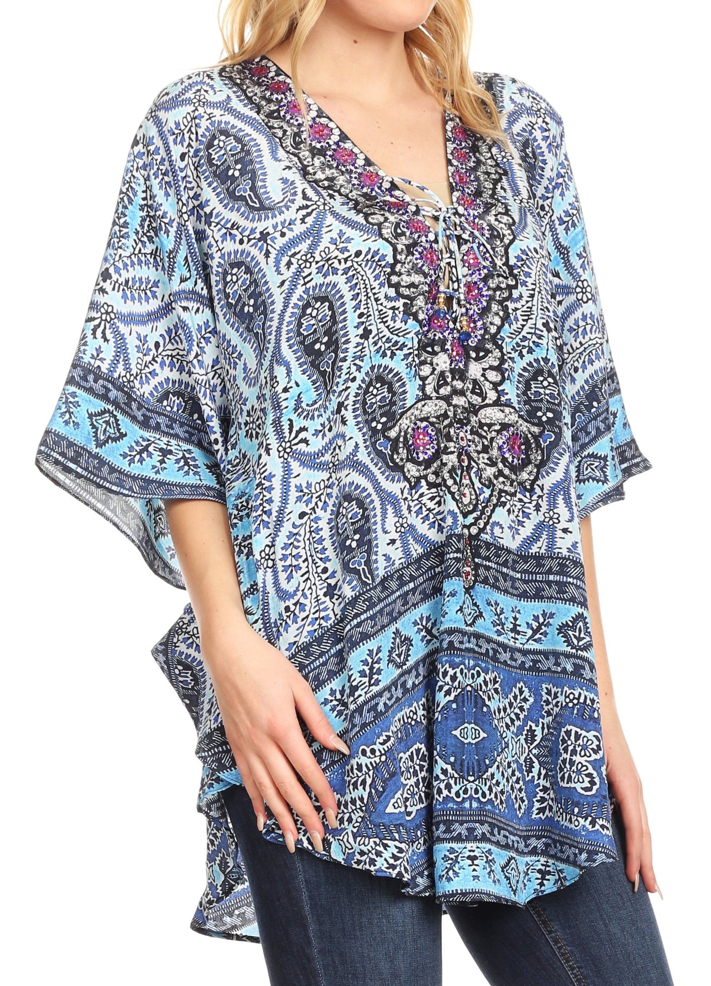 Sakkas Tallulah Wide Circle Blouse V Neck Top With Tassle Ties And Rhinestones - Concordia Style Boutique