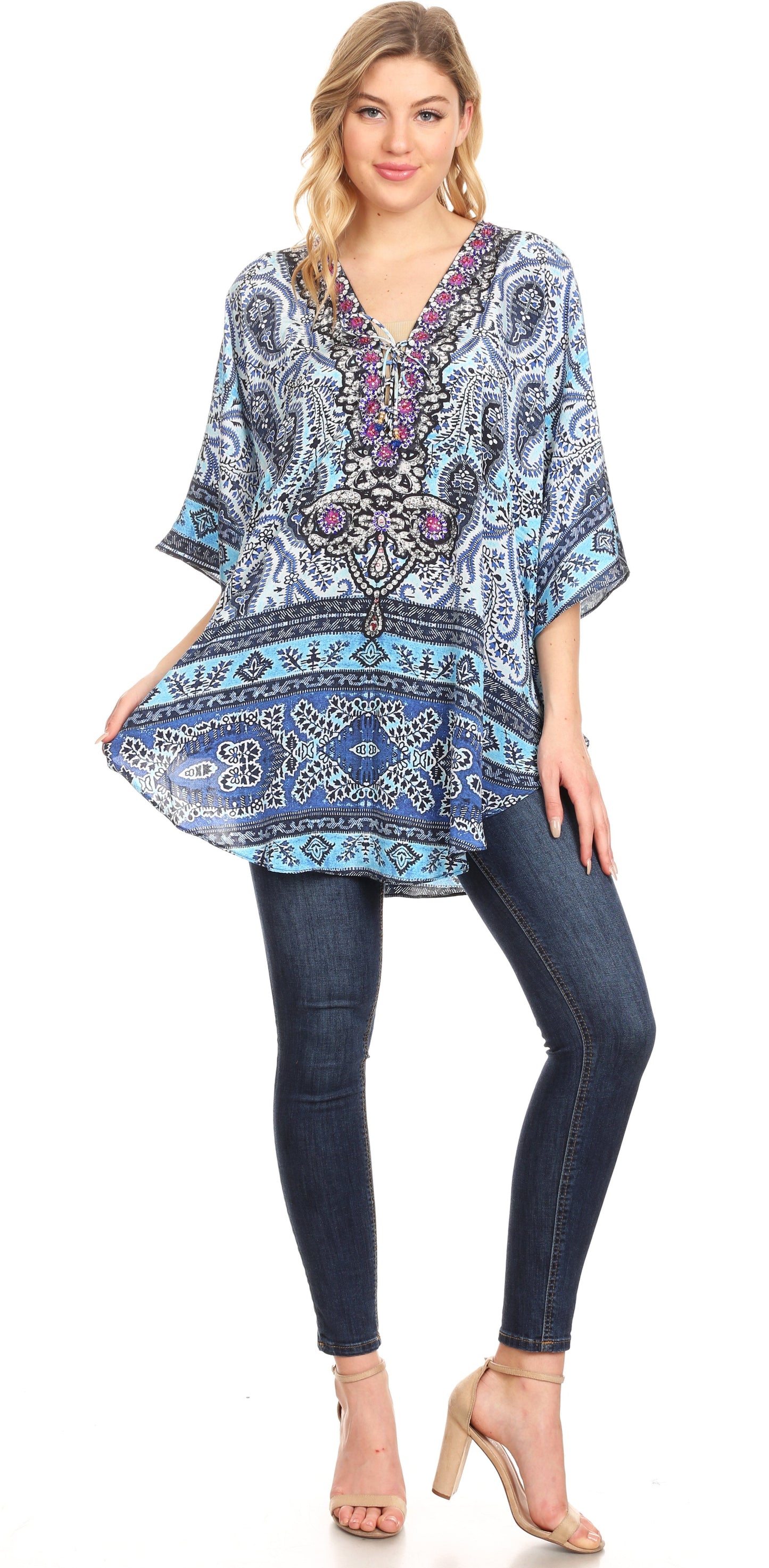 Sakkas Tallulah Wide Circle Blouse V Neck Top With Tassle Ties And Rhinestones - Concordia Style Boutique