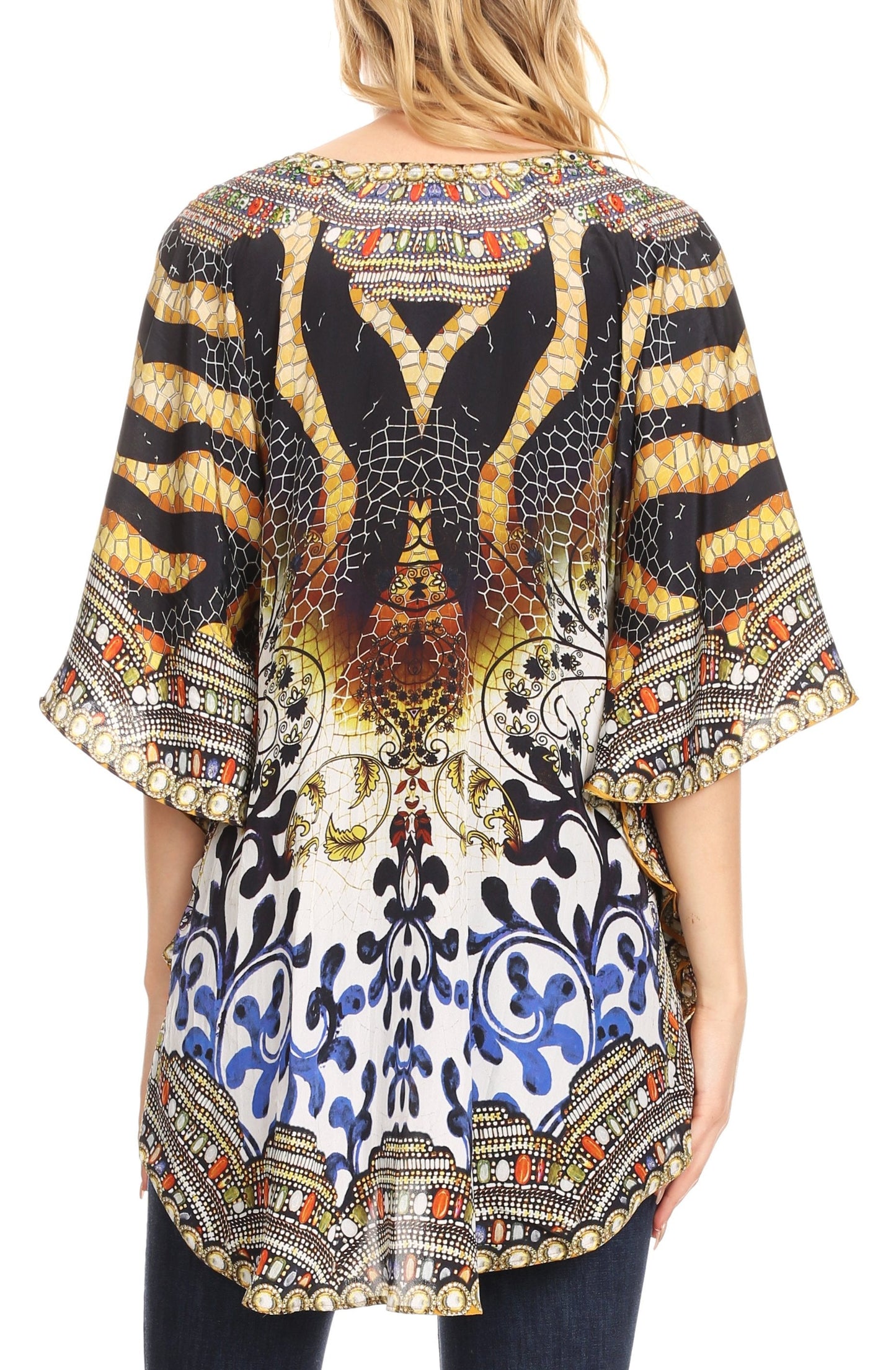 Sakkas Tallulah Wide Circle Blouse V Neck Top With Tassle Ties And Rhinestones - Concordia Style Boutique