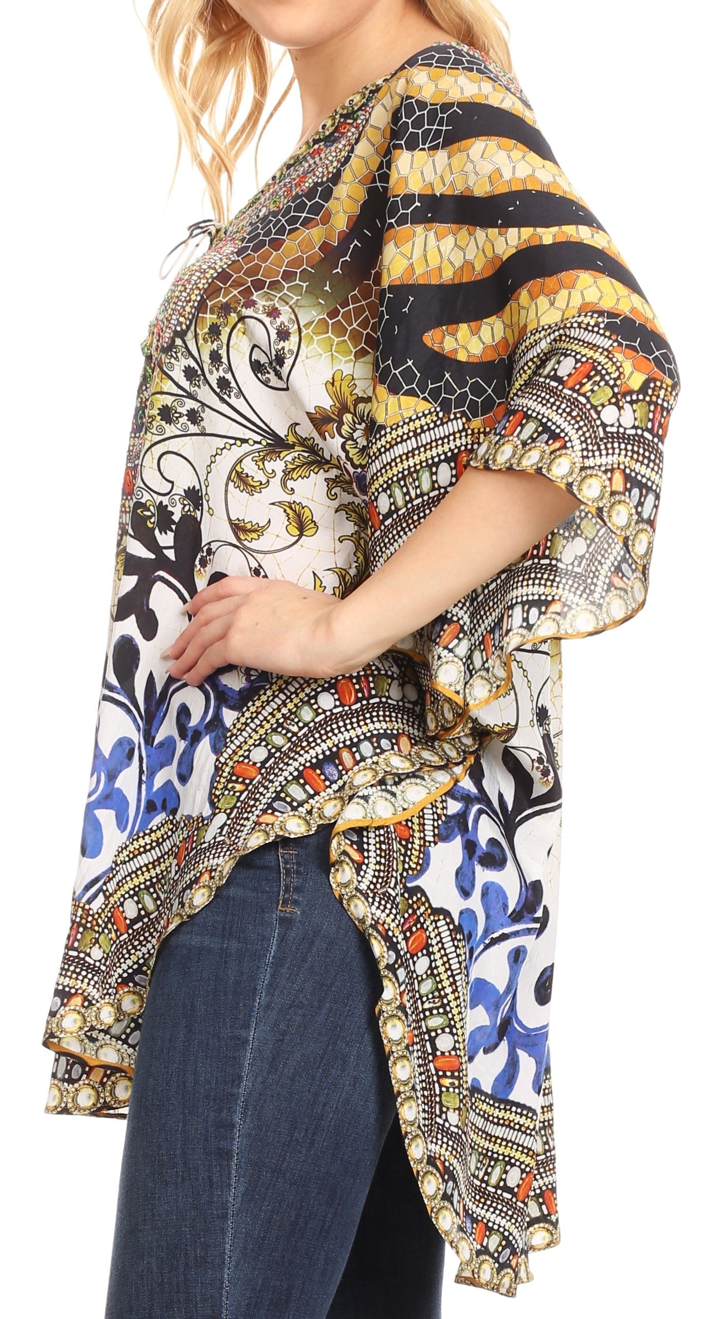 Sakkas Tallulah Wide Circle Blouse V Neck Top With Tassle Ties And Rhinestones - Concordia Style Boutique