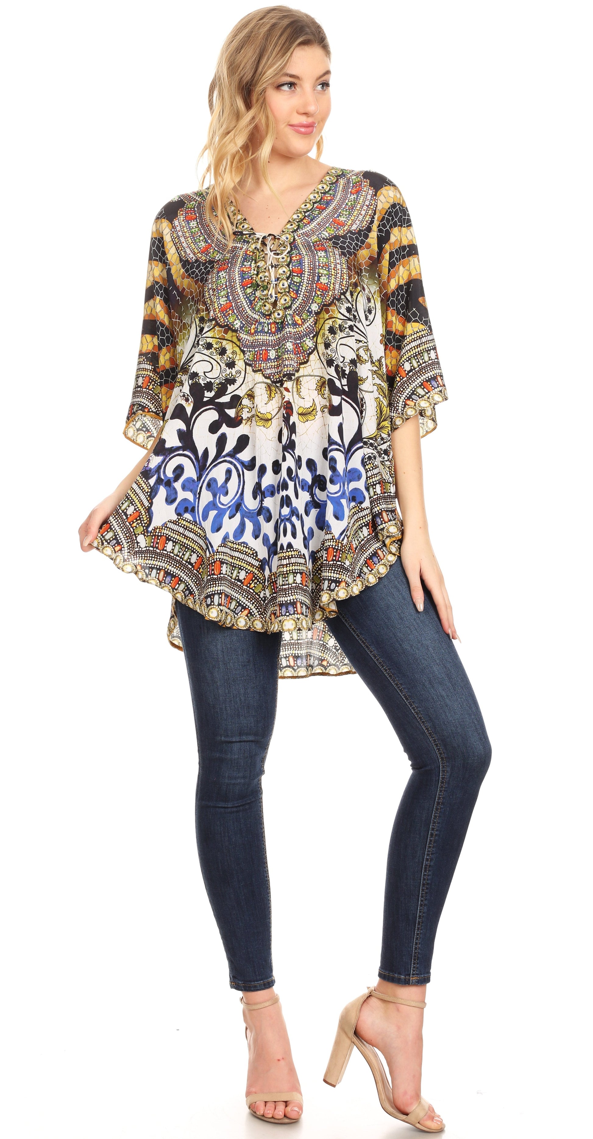 Sakkas Tallulah Wide Circle Blouse V Neck Top With Tassle Ties And Rhinestones - Concordia Style Boutique