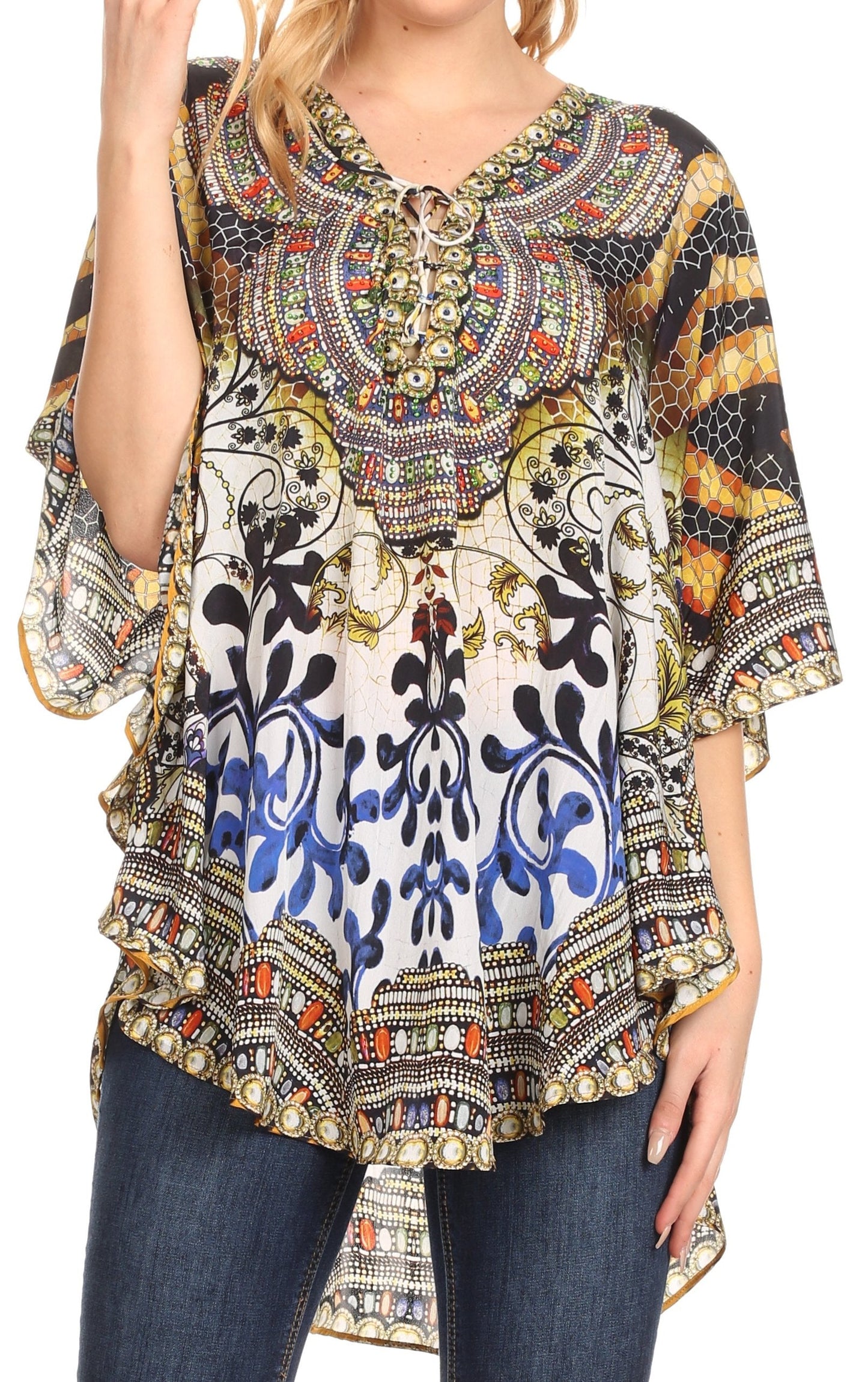 Sakkas Tallulah Wide Circle Blouse V Neck Top With Tassle Ties And Rhinestones - Concordia Style Boutique